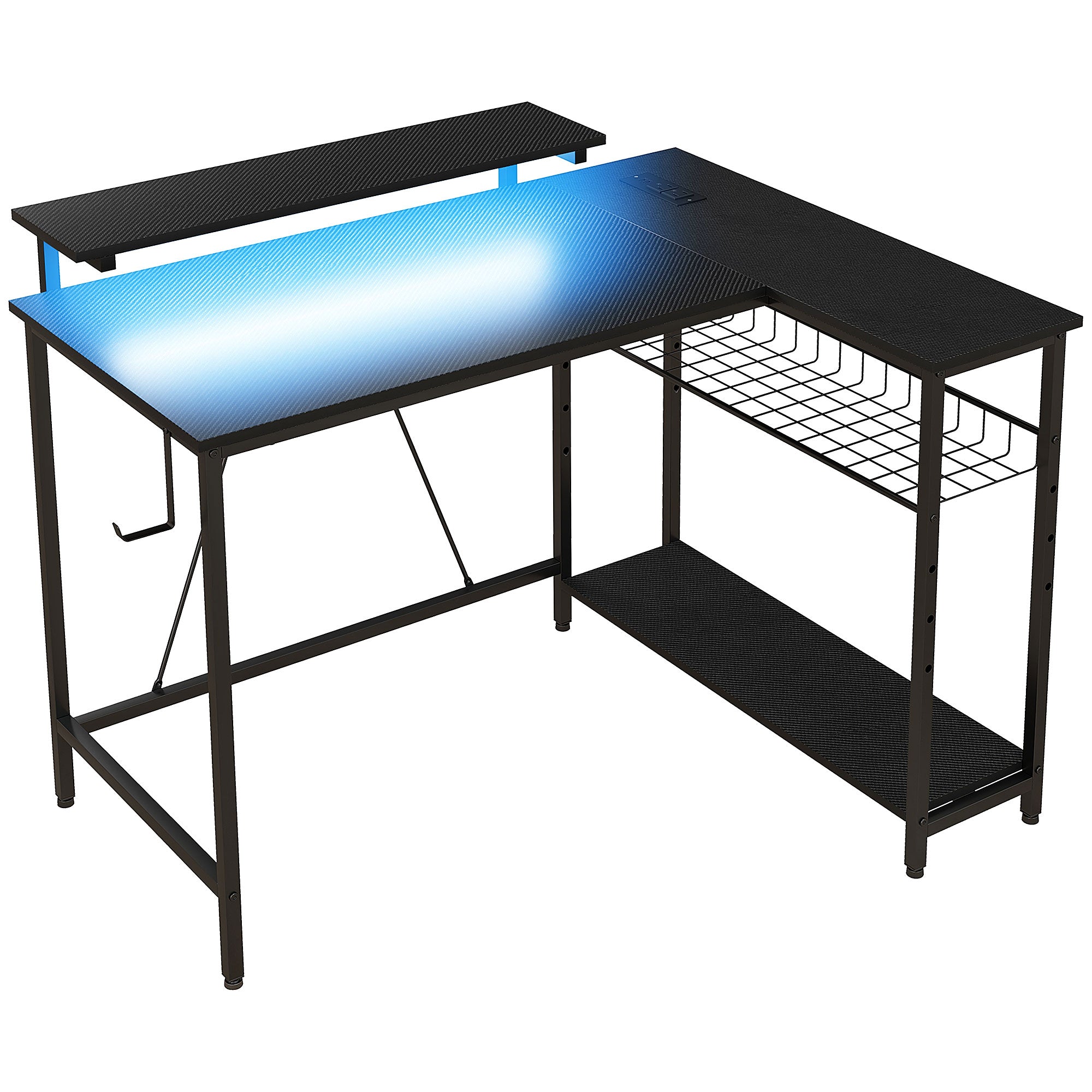 Bureau d'angle réversible avec LED, 2 prises et 2 ports USB, 107x80cm, bureau d'ordinateur avec étagère, support d'écran, panier réglable et télécommande, pour étudier travailler chambre, noir