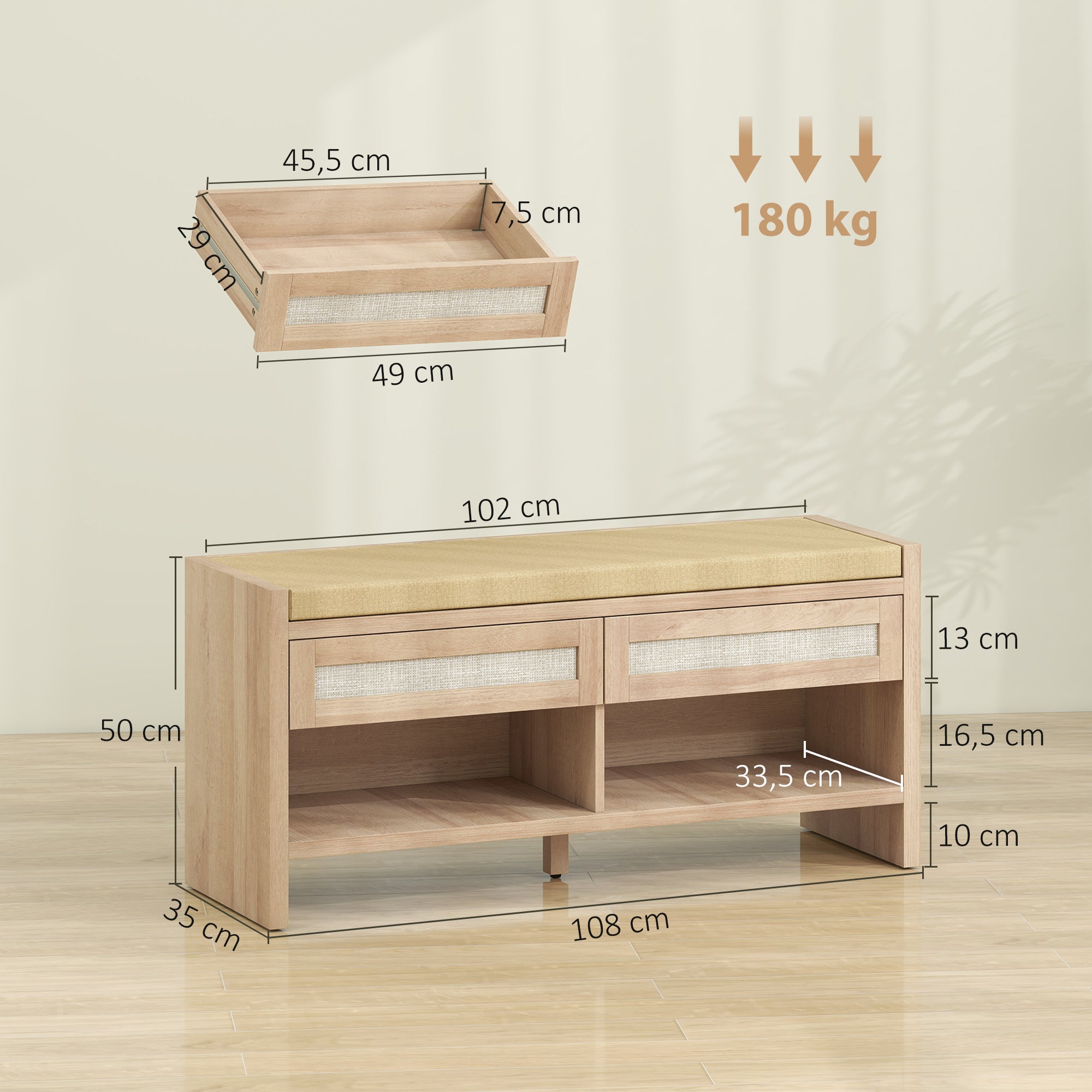 Banc chaussures entrée, banc de rangement, assise rembourrée en lin, 2 tiroirs en rotin et étagère ouverte, style bohème, pour entrée, couloir, 108 x 35 x 50 cm, chêne et marron clair