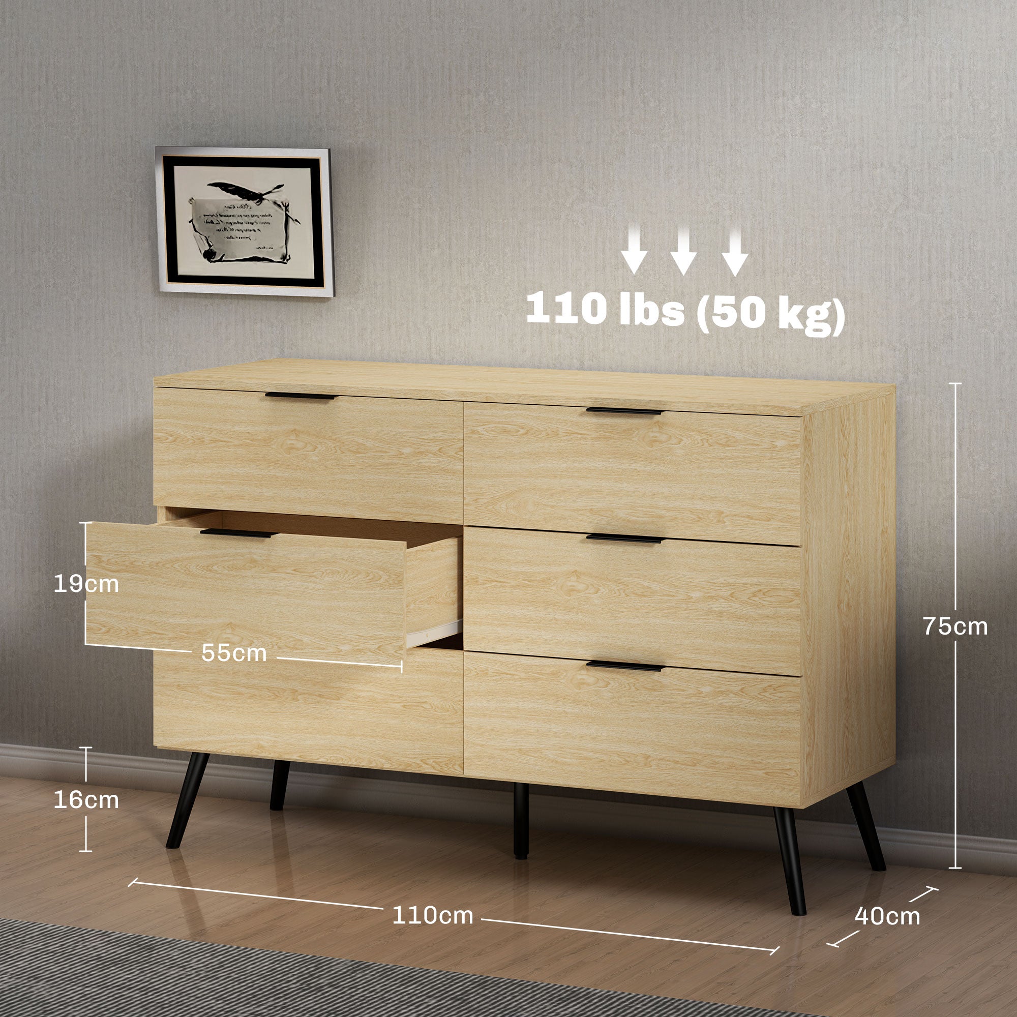 Commode 6 tiroirs Commode pour chambre à coucher design moderne avec anti-basculement 110L x 40l x 75H cm Aspect bois