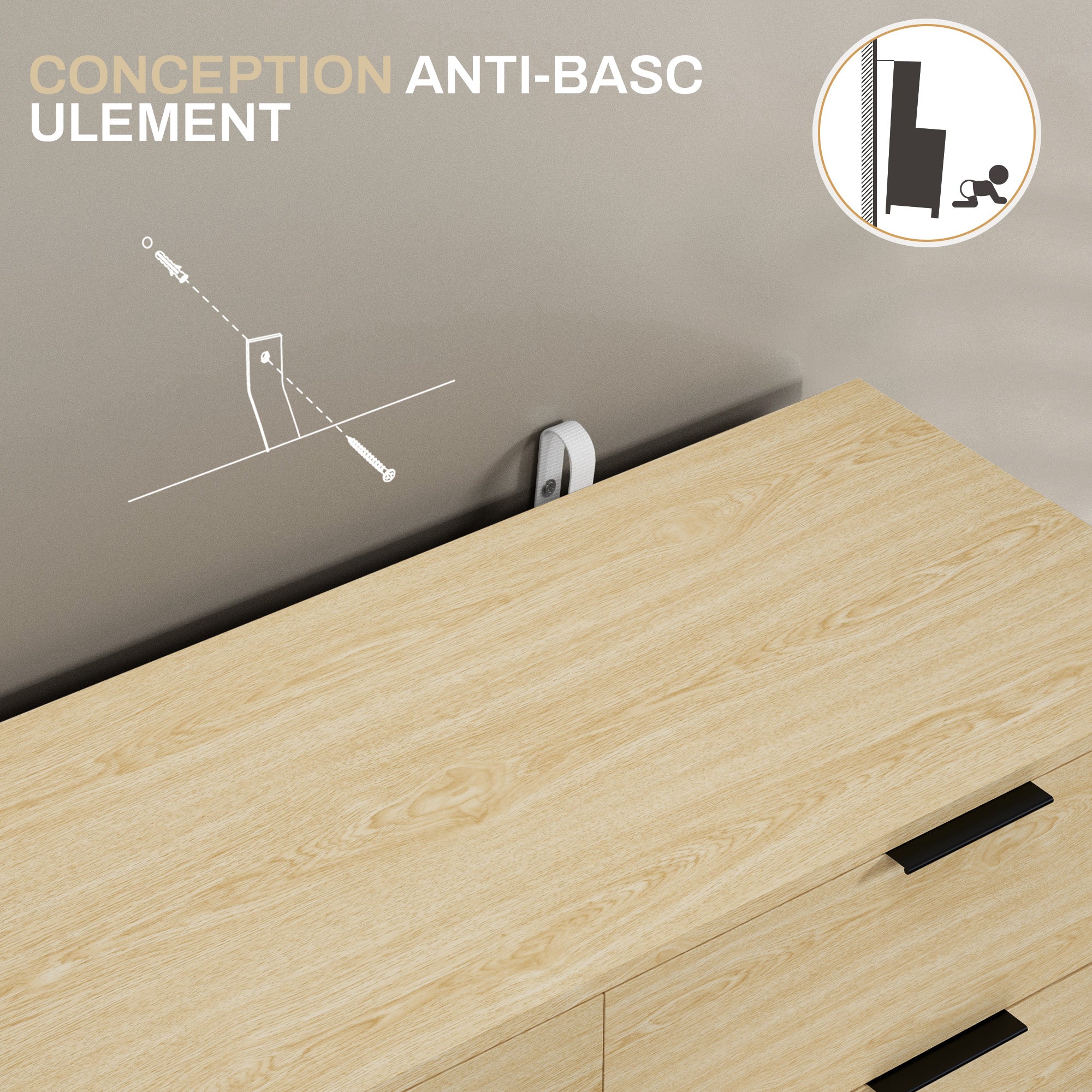 Commode 6 tiroirs Commode pour chambre à coucher design moderne avec anti-basculement 110L x 40l x 75H cm Aspect bois