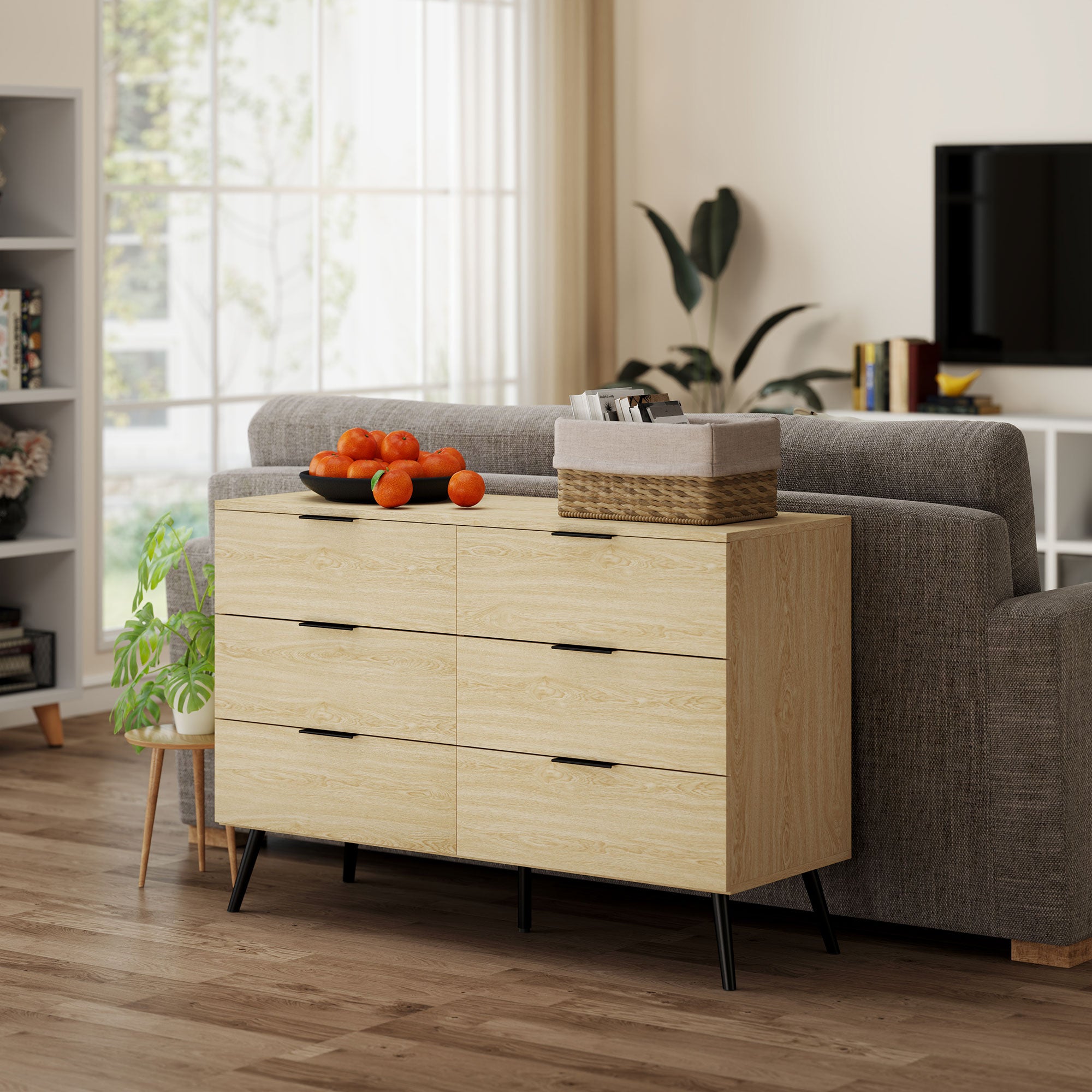 Commode 6 tiroirs Commode pour chambre à coucher design moderne avec anti-basculement 110L x 40l x 75H cm Aspect bois