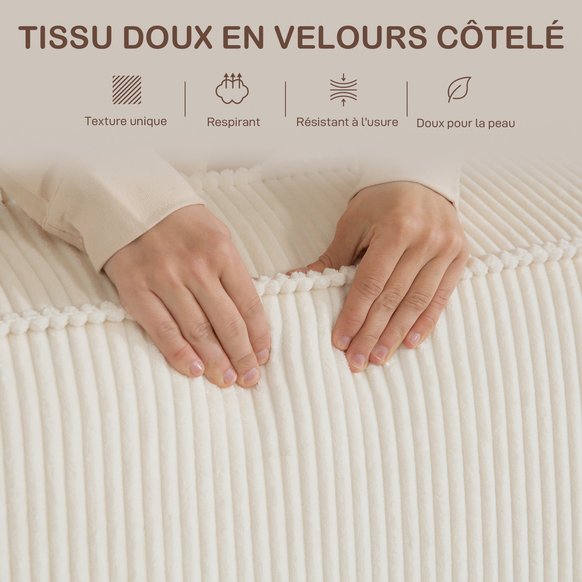 Canapé 3 places en velours côtelé 230 cm, canapé moderne avec assise et accoudoirs rembourrées, entièrement compressé pas de montage nécessaire, pour salon, chambre, bureau, beige