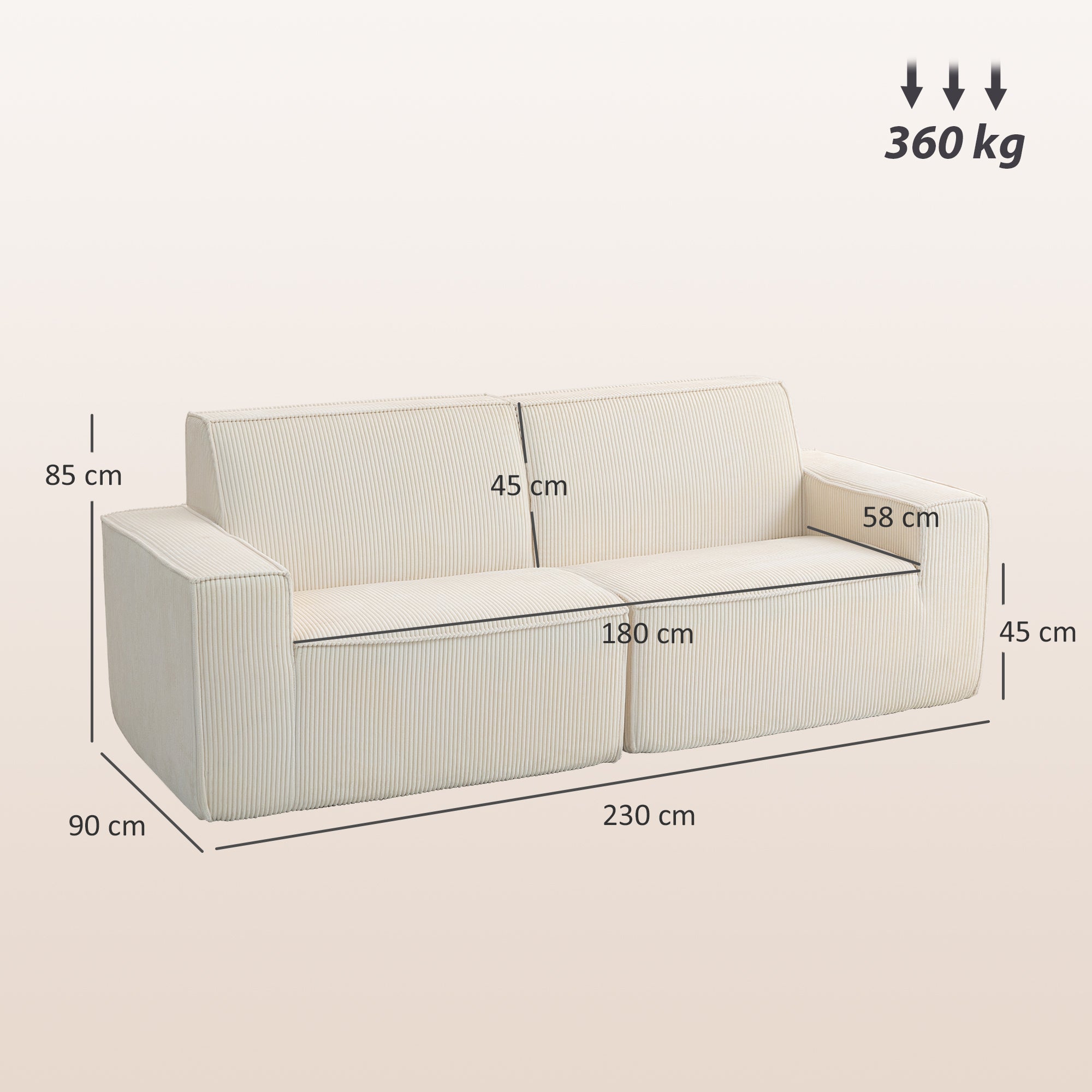 Canapé 3 places en velours côtelé 230 cm, canapé moderne avec assise et accoudoirs rembourrées, entièrement compressé pas de montage nécessaire, pour salon, chambre, bureau, beige