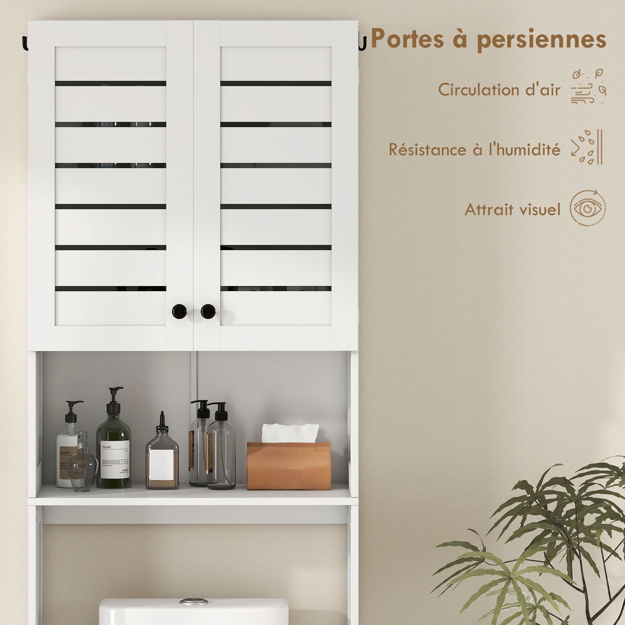 Meuble WC dessus de toilette/machine à laver avec placard à porte double, étagères, meuble toilettes WC rangement armoire salle de bain avec niches et portes à persiennes, 67x31,5x190cm, blanc