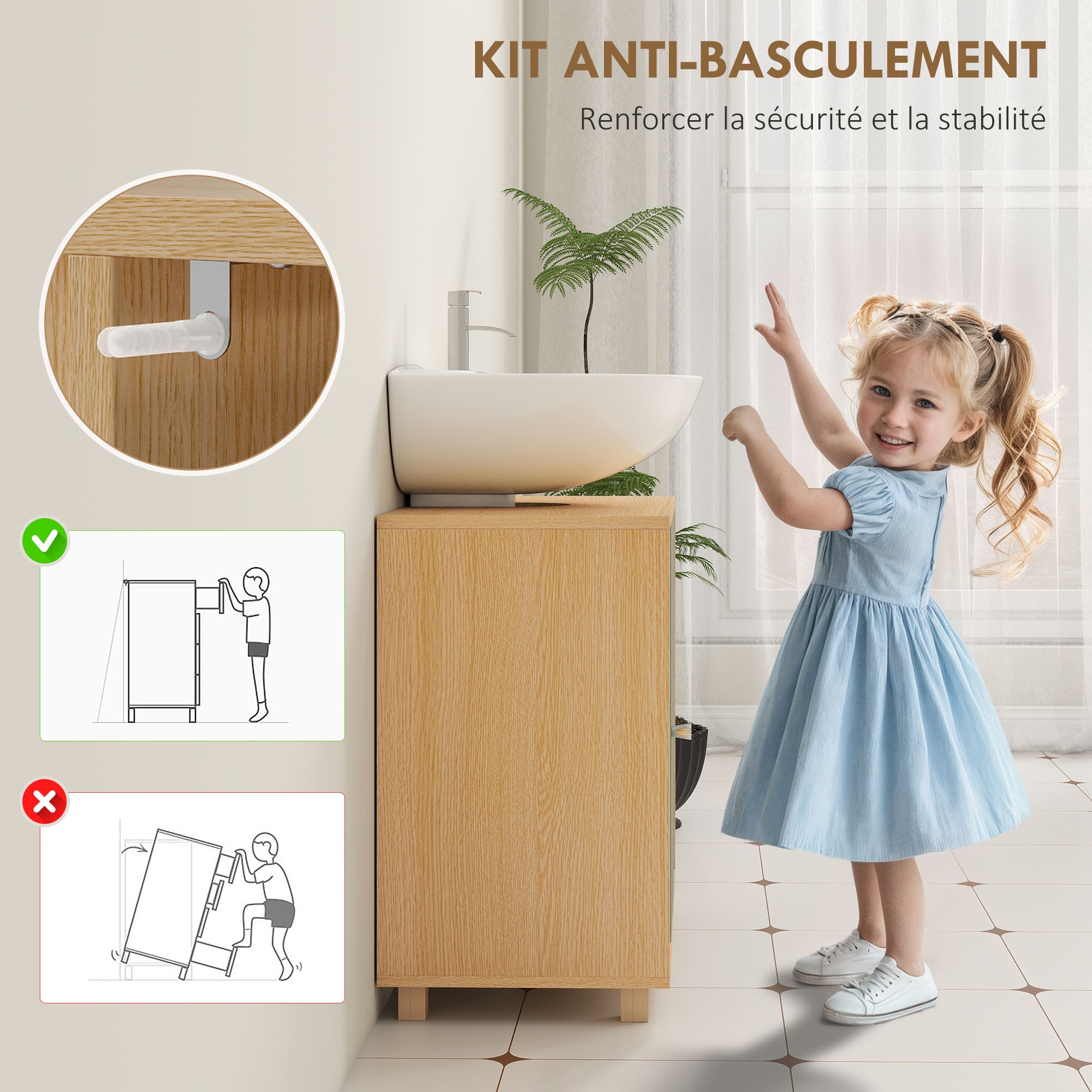 Meuble sous lavabo, meuble de salle de bain sous vasque avec 6 étagères ouvertes et porte à fermeture amortie pour lavabo avec ou sans piédestal, 60 x 33 x 57 cm, vert
