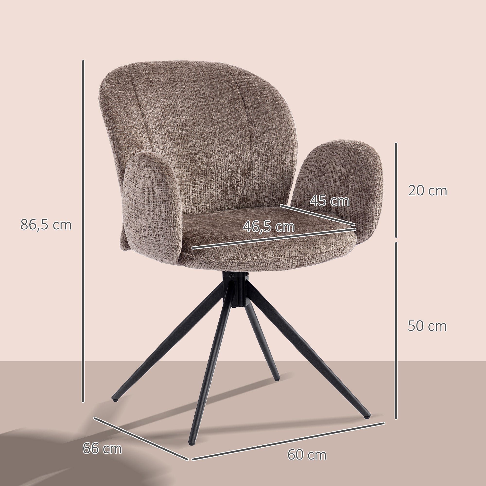 Chaise bureau ergonomique, fauteuil de bureau avec siège pivotant à retour automatique, dossier et accoudoirs rembourrés, tissu aspect lin, pour salon, chambre, télétravail, brun clair