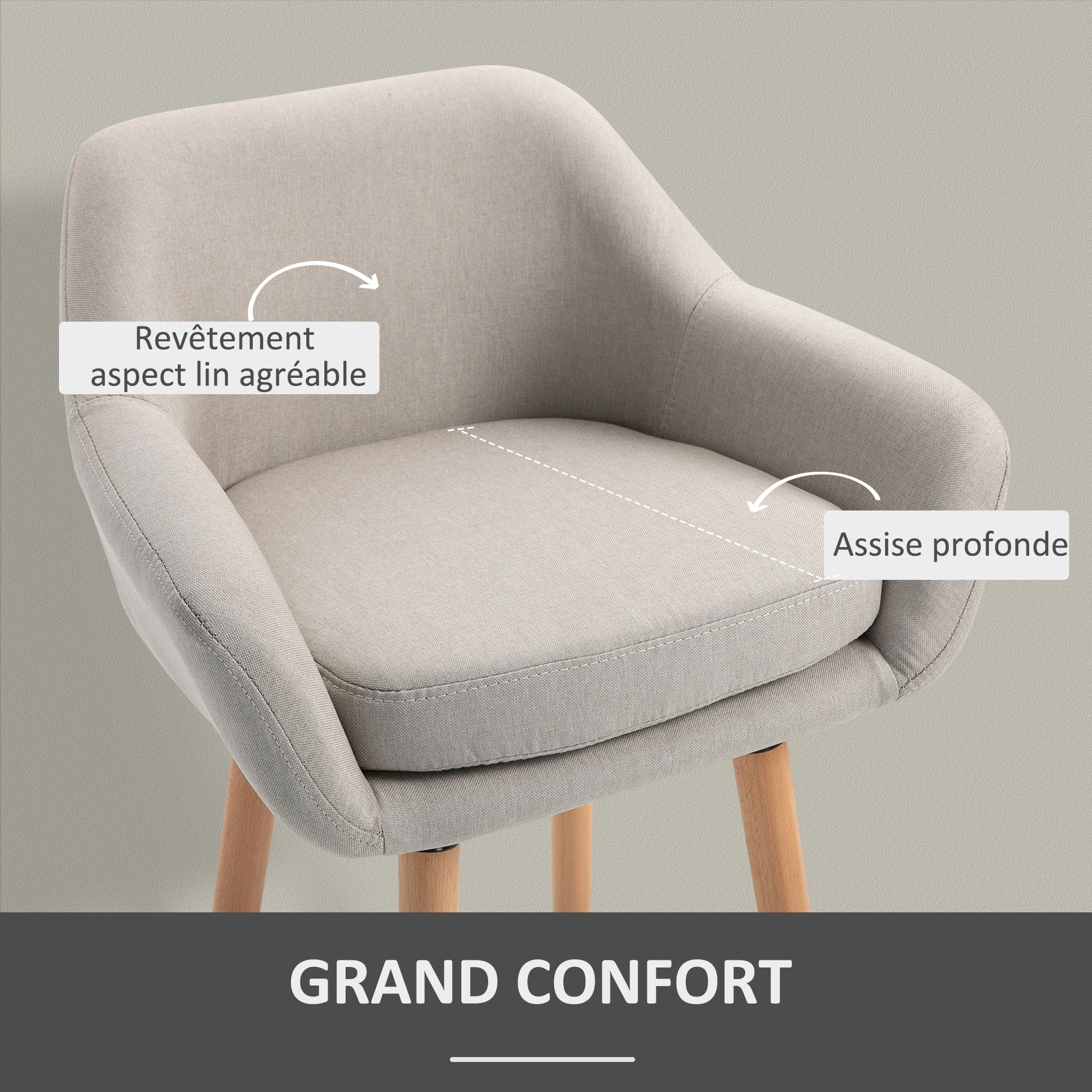 Tabourets de Bar Design scandinave - Lot de 2 tabourets de Bar Grand Confort avec Repose-Pieds et accoudoirs - Bois massif Lin Beige