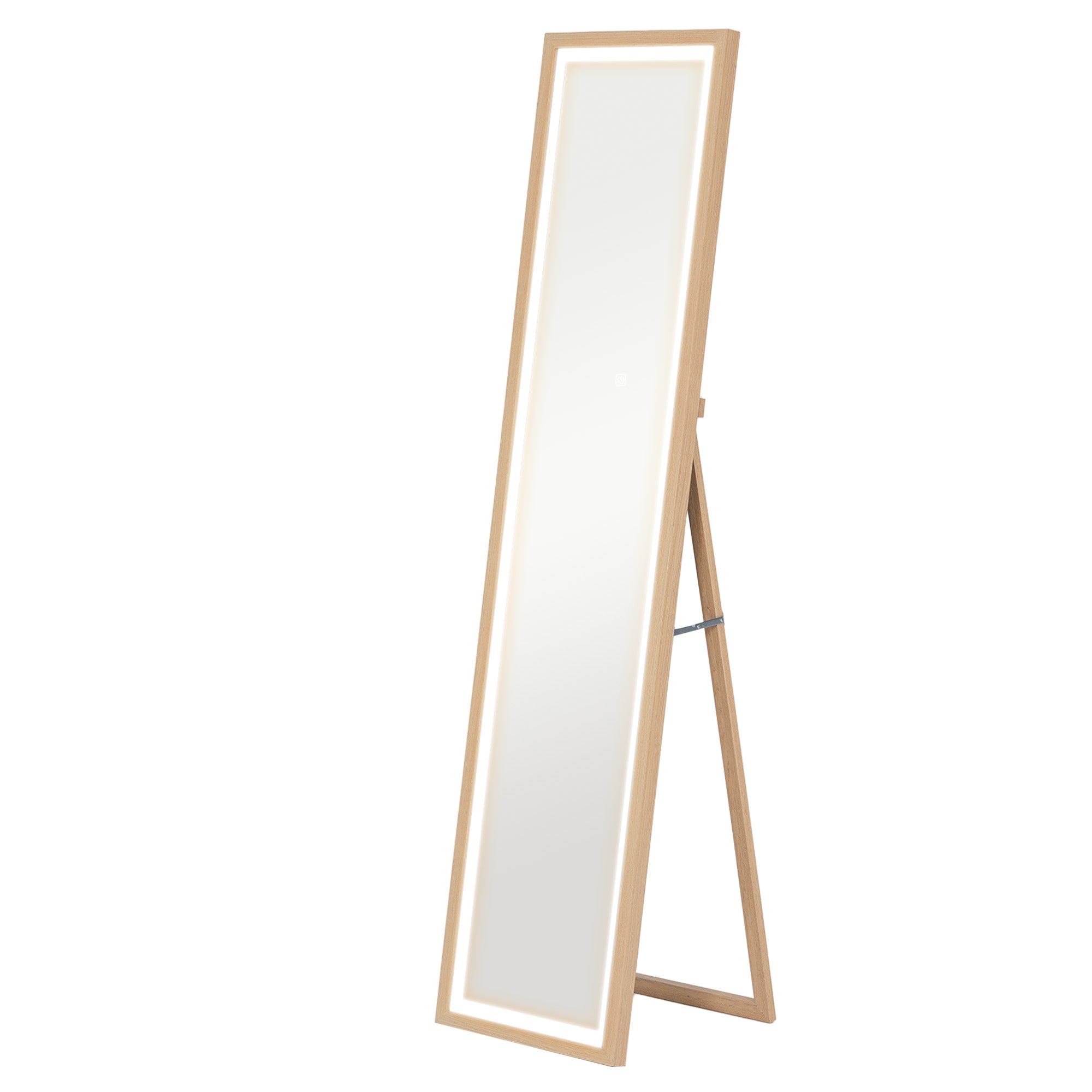 Grand miroir pleine longueur 40 x 160 cm avec éclairage LED 3 couleurs et support, miroir mural ou sur pied rectangulaire pour chambre à coucher salon et dressing, chêne