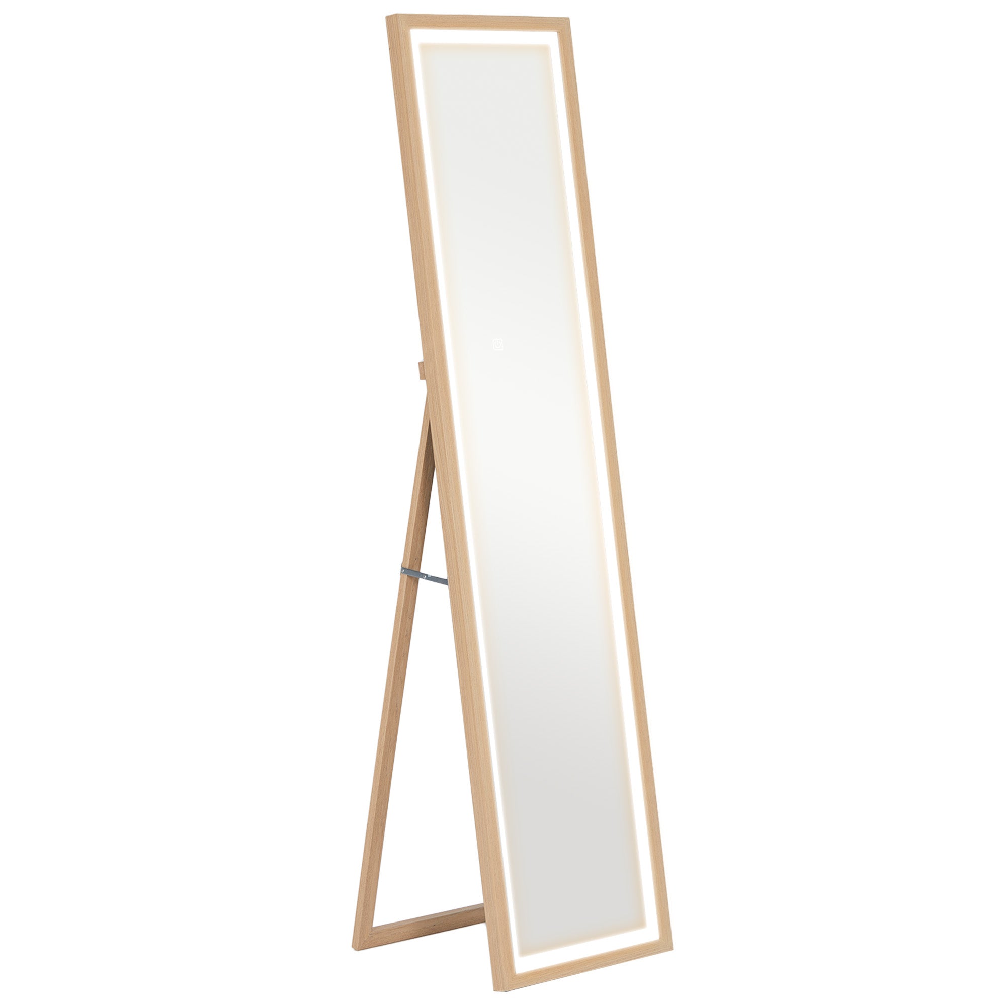 Grand miroir pleine longueur 40 x 160 cm avec éclairage LED 3 couleurs et support, miroir mural ou sur pied rectangulaire pour chambre à coucher salon et dressing, chêne