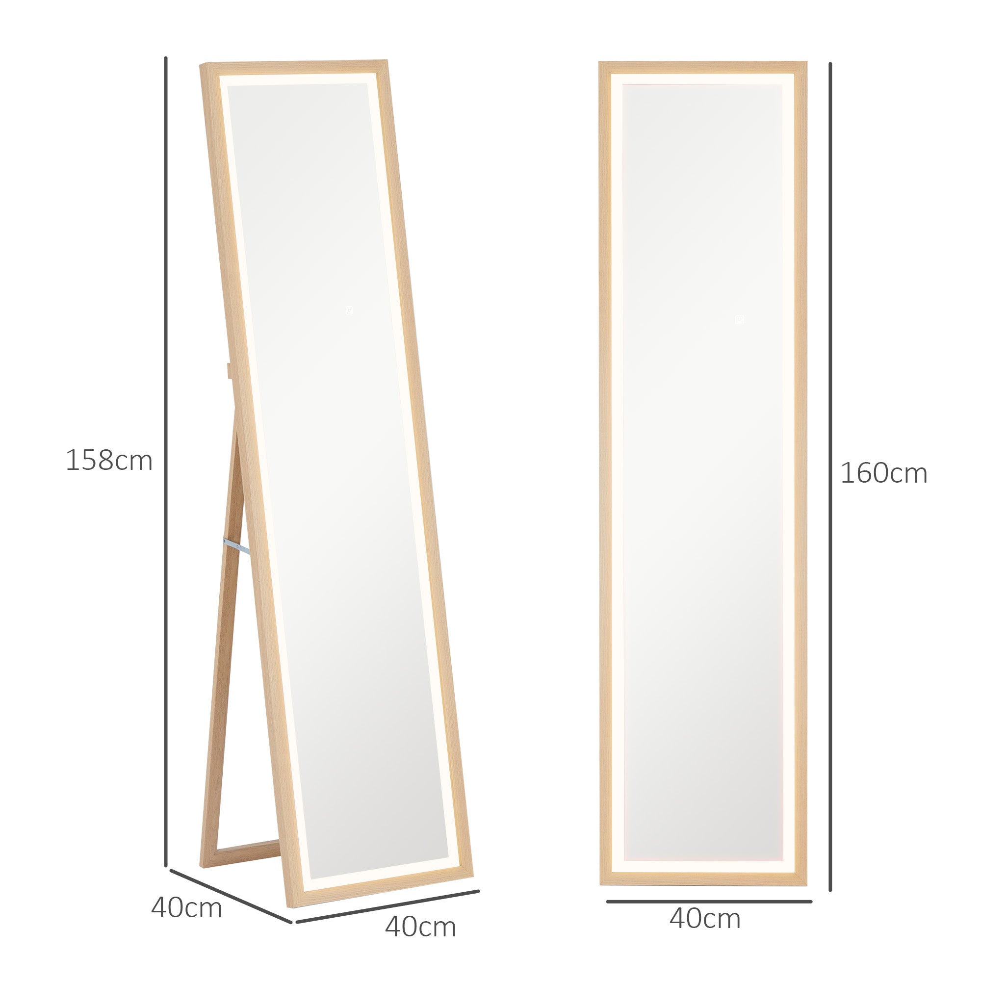 Grand miroir pleine longueur 40 x 160 cm avec éclairage LED 3 couleurs et support, miroir mural ou sur pied rectangulaire pour chambre à coucher salon et dressing, chêne