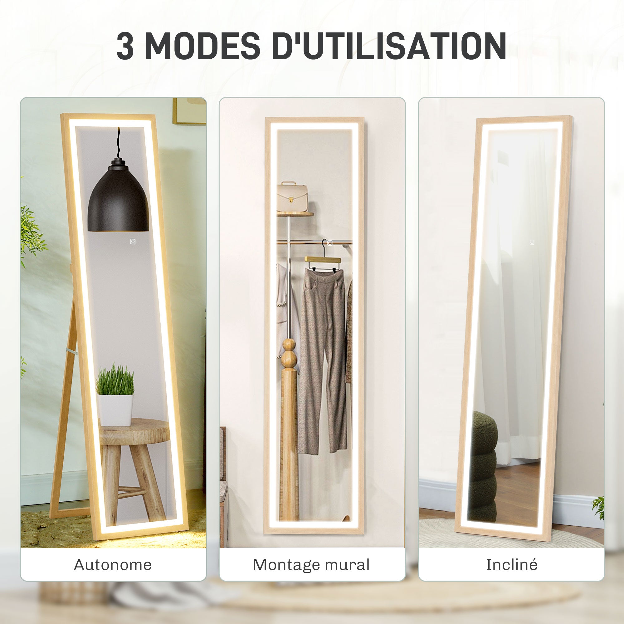 Grand miroir pleine longueur 40 x 160 cm avec éclairage LED 3 couleurs et support, miroir mural ou sur pied rectangulaire pour chambre à coucher salon et dressing, chêne