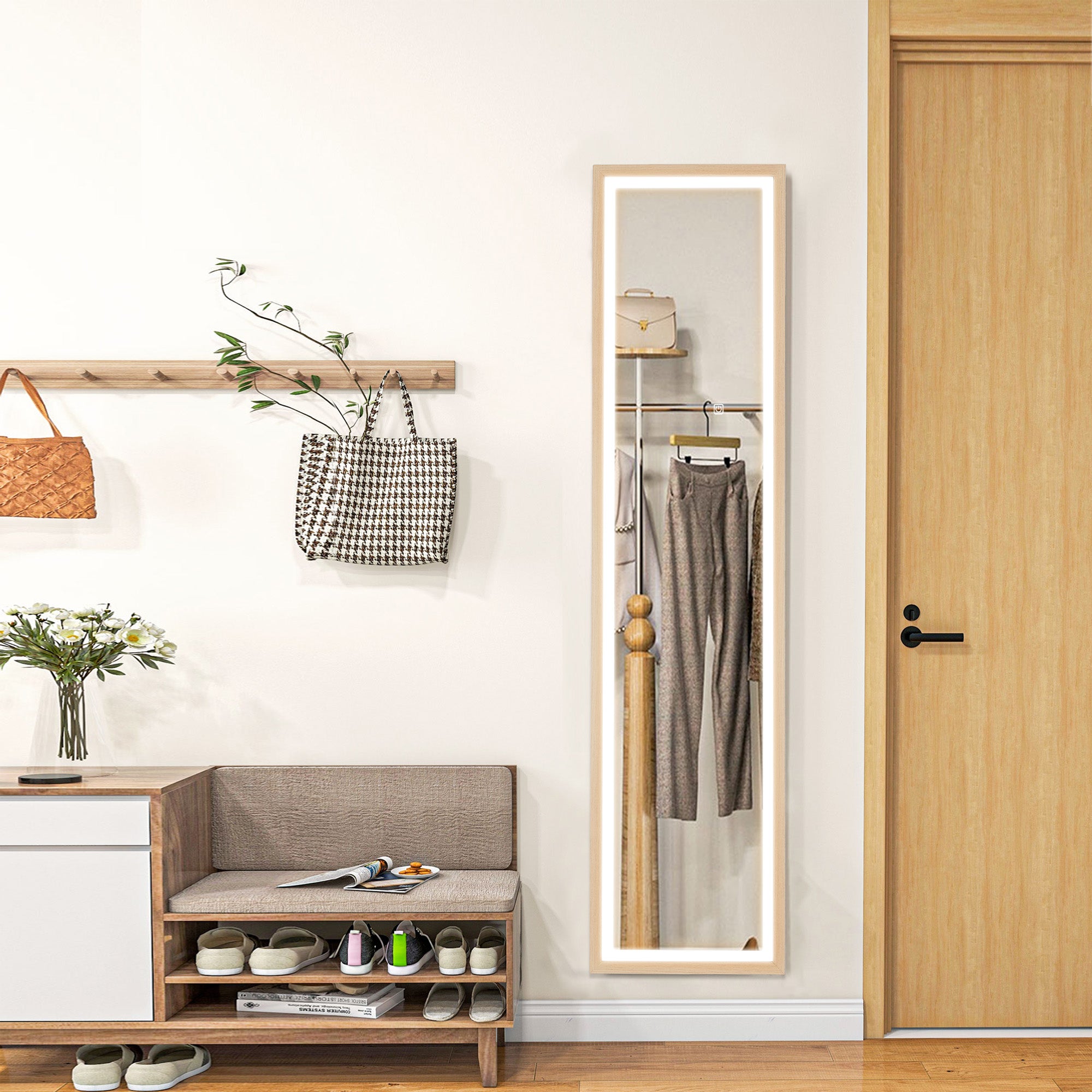 Grand miroir pleine longueur 40 x 160 cm avec éclairage LED 3 couleurs et support, miroir mural ou sur pied rectangulaire pour chambre à coucher salon et dressing, chêne