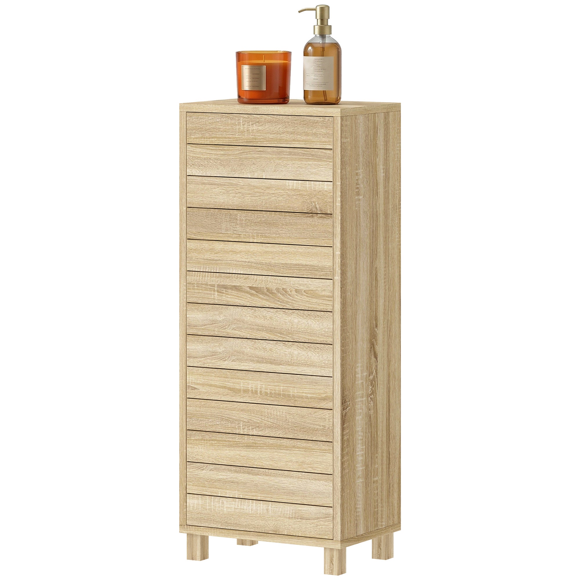 Meuble de Salle de Bain en Bois, Meuble de Rangement avec Étagère Réglable et Porte à Lamelles, Ouverture Pression, pour Salle de Bain, Salon, Chambre, 34 x 23 x 84 cm, Naturel