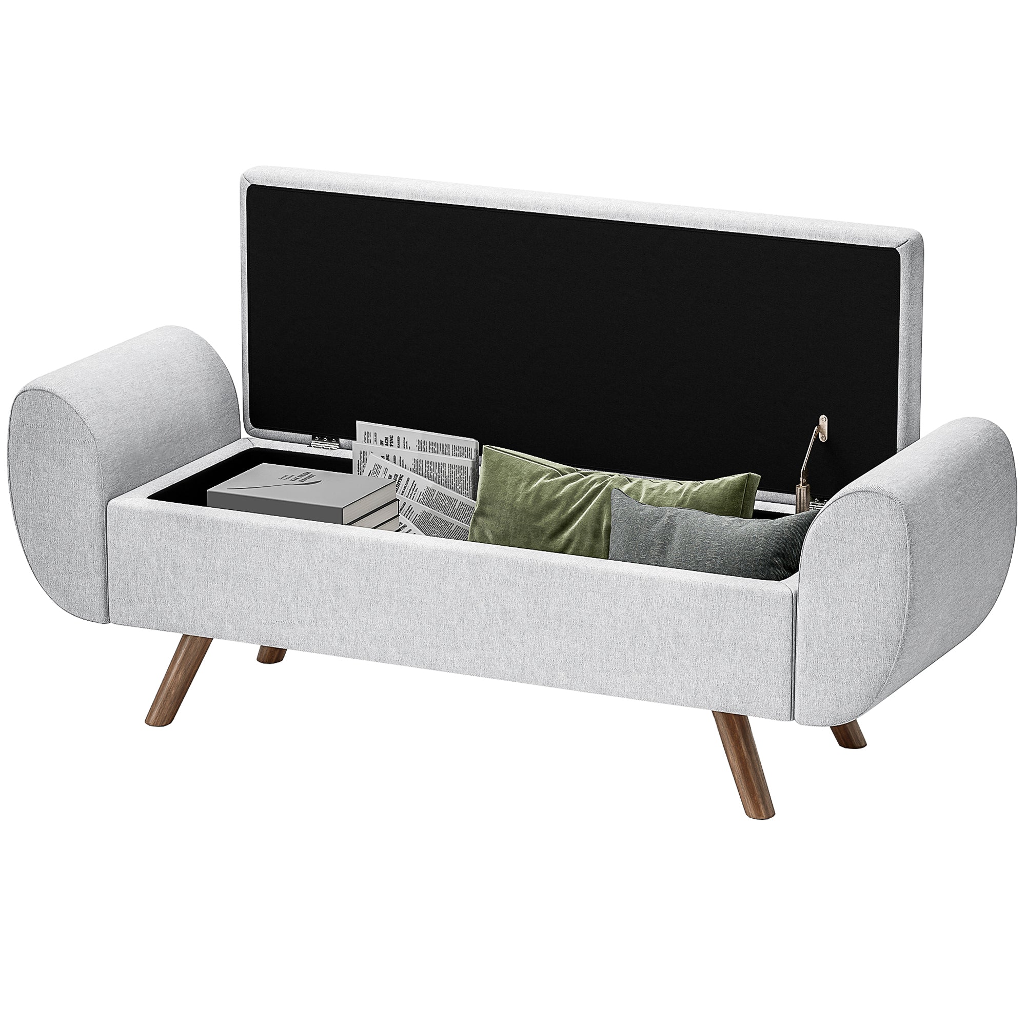 Banc de rangement 53,8L pouf salon bout de lit coffre de rangement repose-pieds avec siège rembourré en lin et accoudoirs, pour salon, chambre, entrée, 132 x 42 x 50 cm, gris