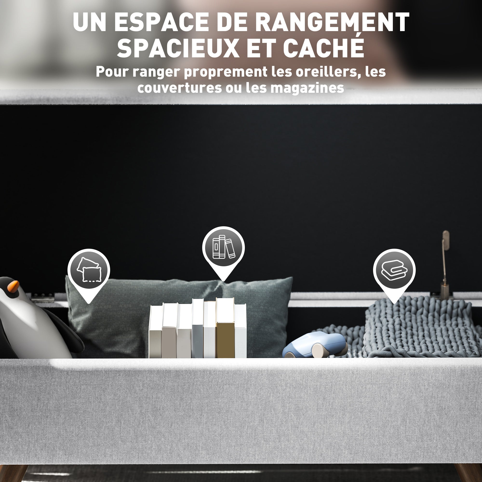 Banc de rangement 53,8L pouf salon bout de lit coffre de rangement repose-pieds avec siège rembourré en lin et accoudoirs, pour salon, chambre, entrée, 132 x 42 x 50 cm, gris