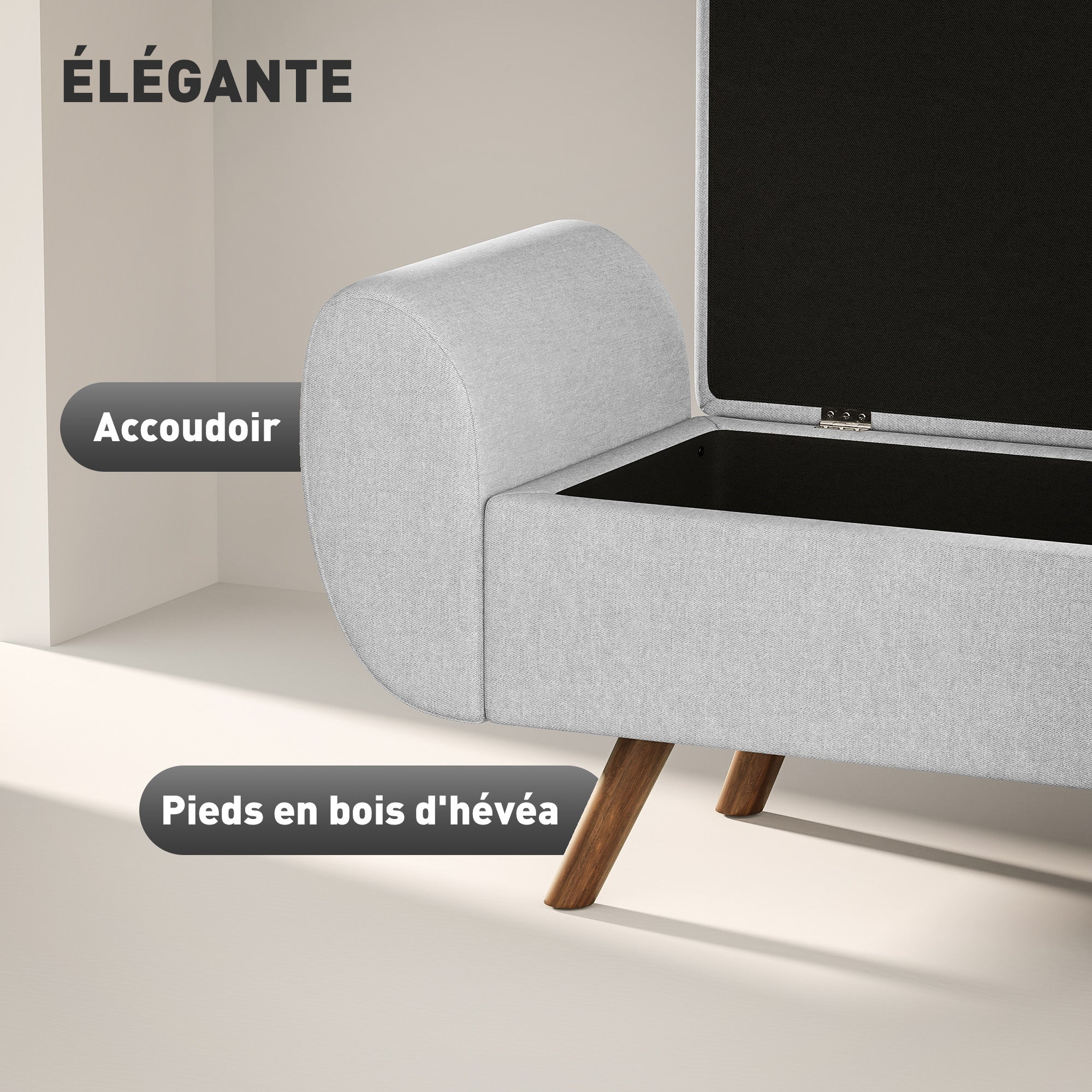 Banc de rangement 53,8L pouf salon bout de lit coffre de rangement repose-pieds avec siège rembourré en lin et accoudoirs, pour salon, chambre, entrée, 132 x 42 x 50 cm, gris