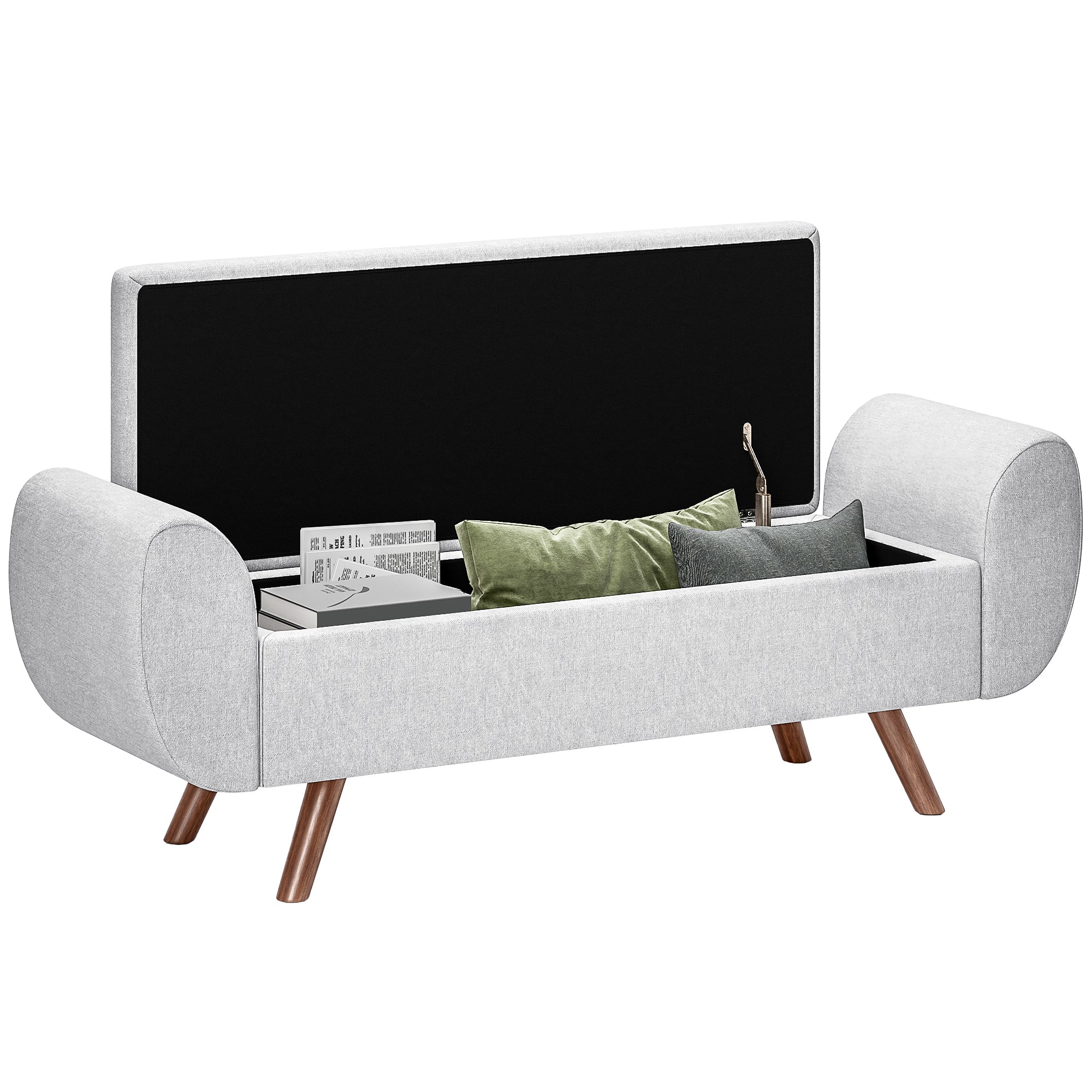Banc de rangement 53,8L pouf salon bout de lit coffre de rangement repose-pieds avec siège rembourré en lin et accoudoirs, pour salon, chambre, entrée, 132 x 42 x 50 cm, gris