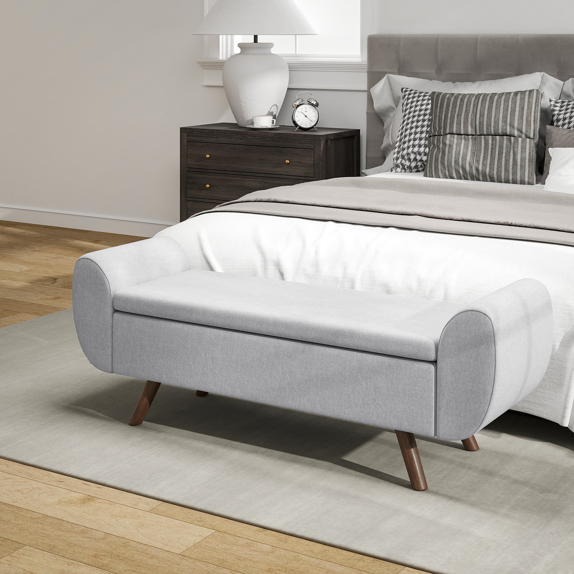 Banc de rangement 53,8L pouf salon bout de lit coffre de rangement repose-pieds avec siège rembourré en lin et accoudoirs, pour salon, chambre, entrée, 132 x 42 x 50 cm, gris