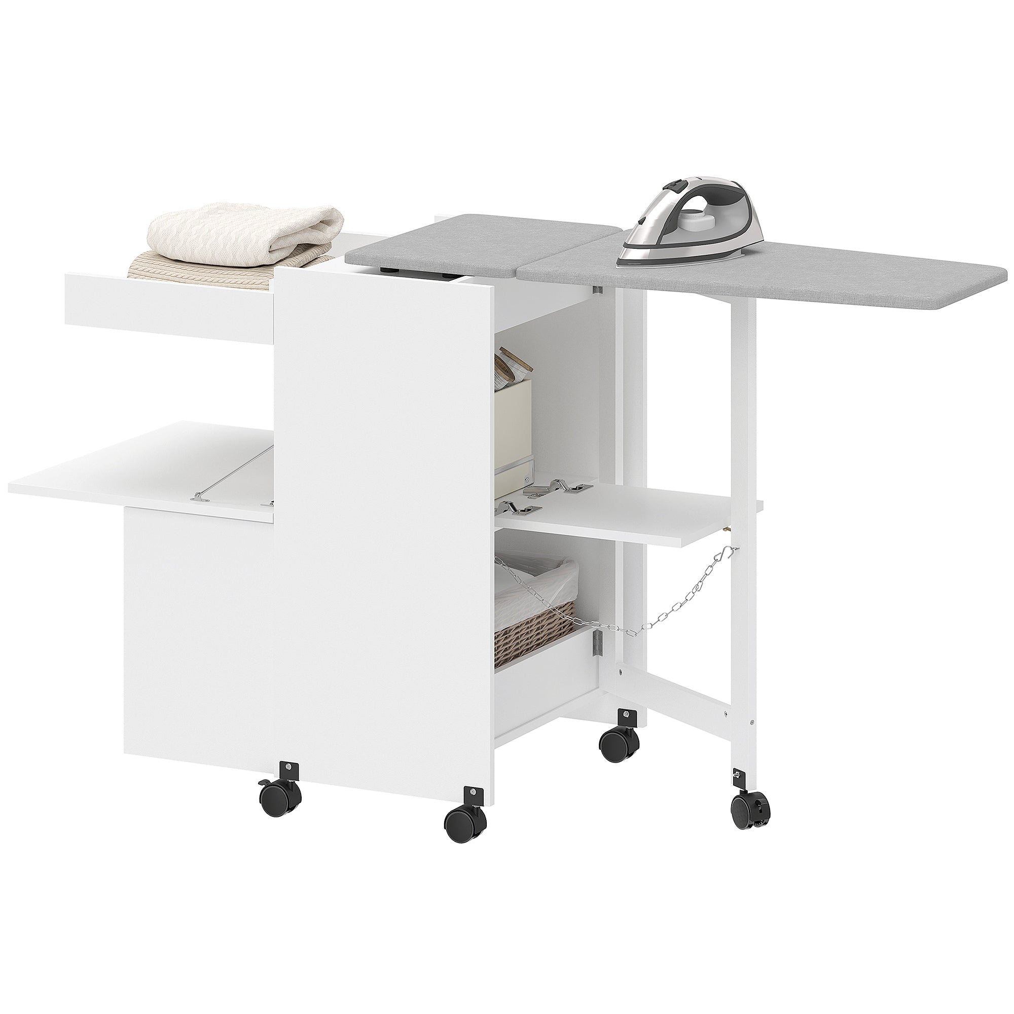 Meuble à repasser, table à repasser pliante sur roulettes avec repose-fer, portes par pression, charnières à fermeture douce, meuble rangement pour petits espaces, buanderie, 154x55x87cm, blanc