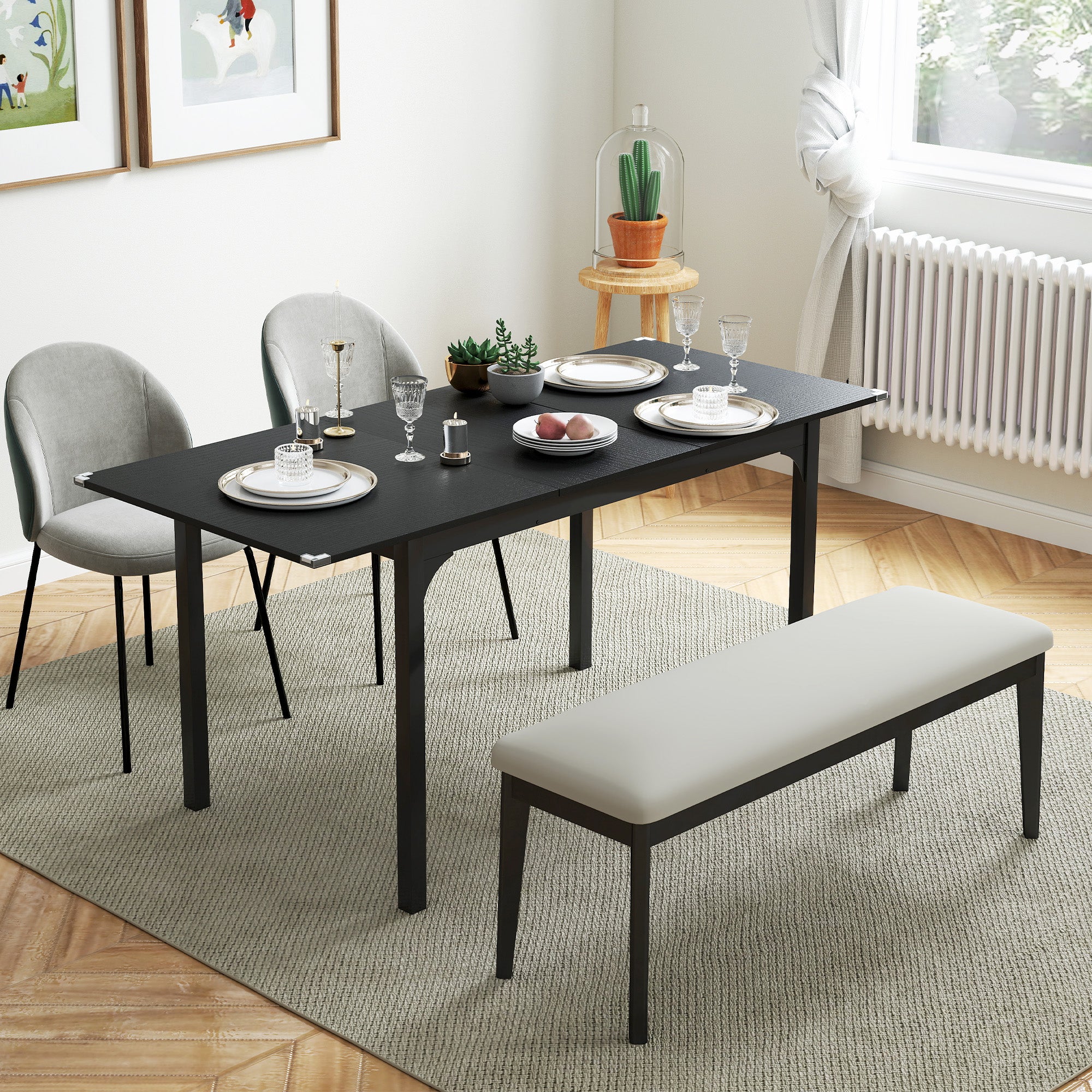 Table à manger pliante, table extensible cuisine rectangulaire jusqu'à 4 à 6 personnes, pieds en acier, pour petits espaces, salle à manger, noir