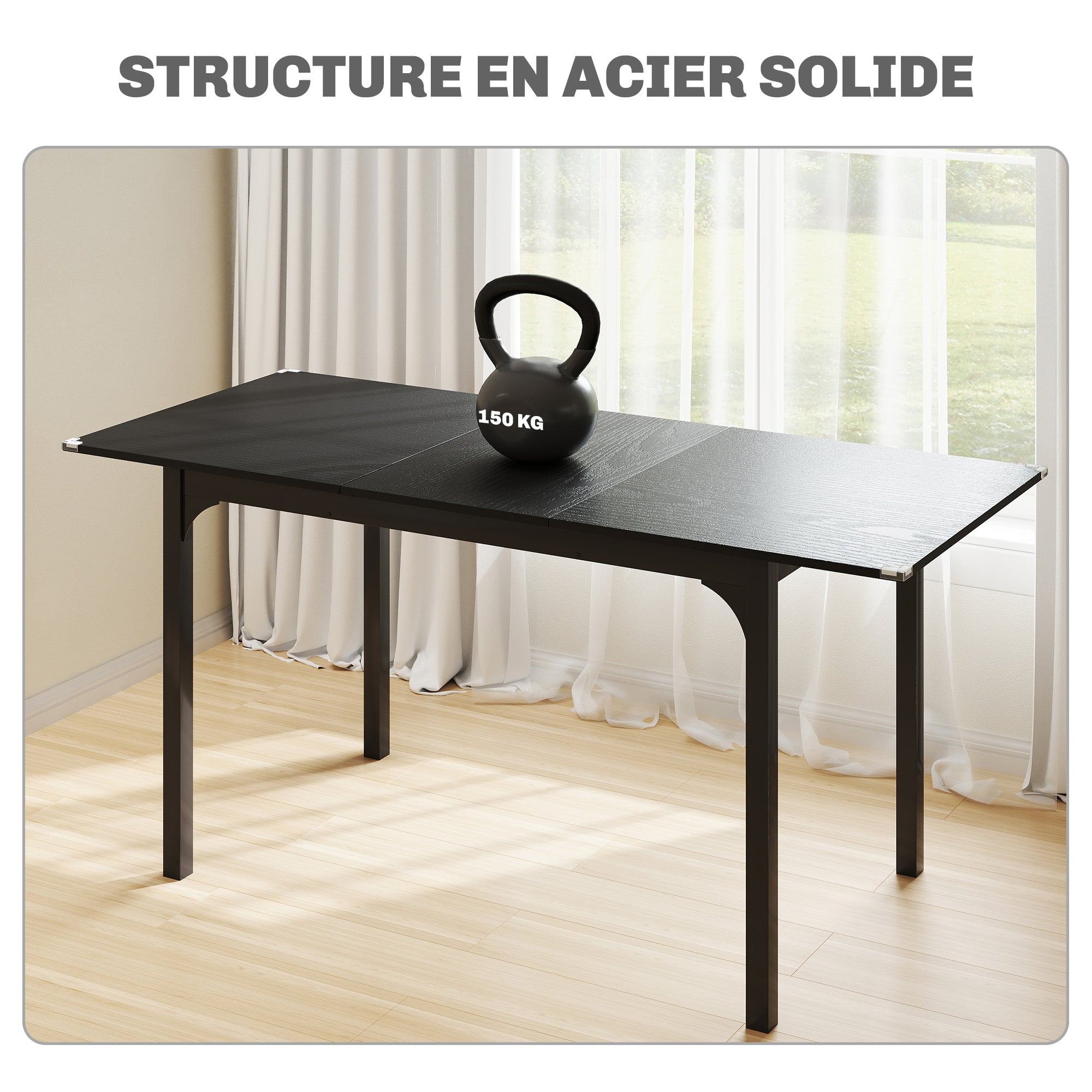 Table à manger pliante, table extensible cuisine rectangulaire jusqu'à 4 à 6 personnes, pieds en acier, pour petits espaces, salle à manger, noir