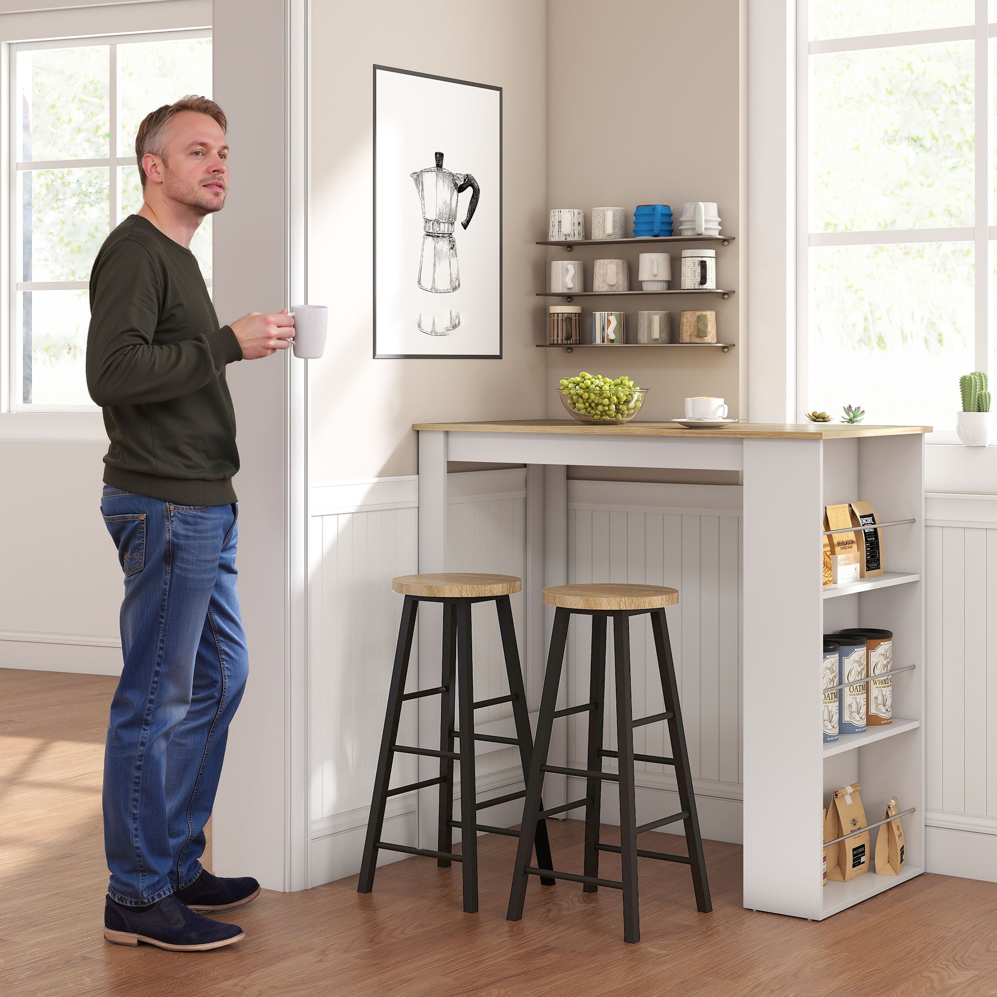 Table de bar table haute de cuisine mange-debout comptoir - dim. 112L x 57l x 106H cm - 3 étagères - aspect chêne clair blanc