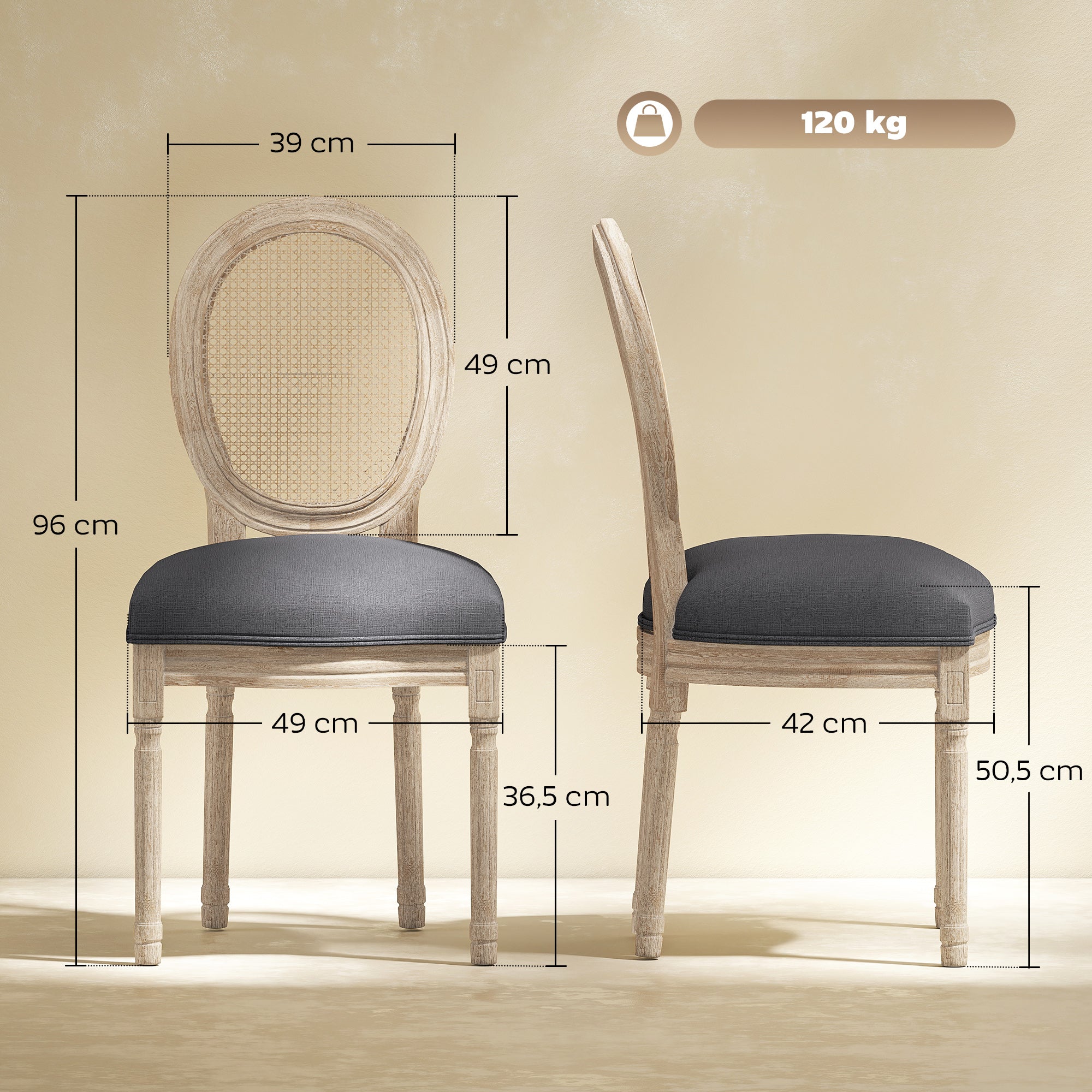 Lot de 2 chaises de Salle à Manger - Chaise de Salon médaillon Style Louis XVI - Bois Massif sculpté, patiné - Dossier cannage - Aspect Lin Gris