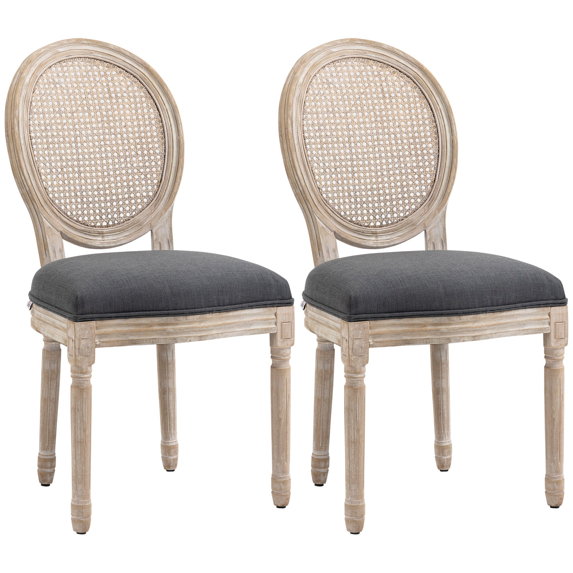 Lot de 2 chaises de Salle à Manger - Chaise de Salon médaillon Style Louis XVI - Bois Massif sculpté, patiné - Dossier cannage - Aspect Lin Gris