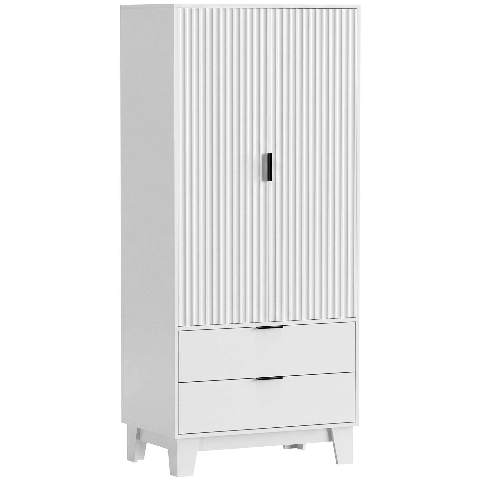 Armoire chambre penderie avec 2 portes cannelées à fermeture douce, 2 tiroirs et barre de suspension, armoire à vêtements, dressing, style moderne, 80 x 50 x 180 cm, blanc