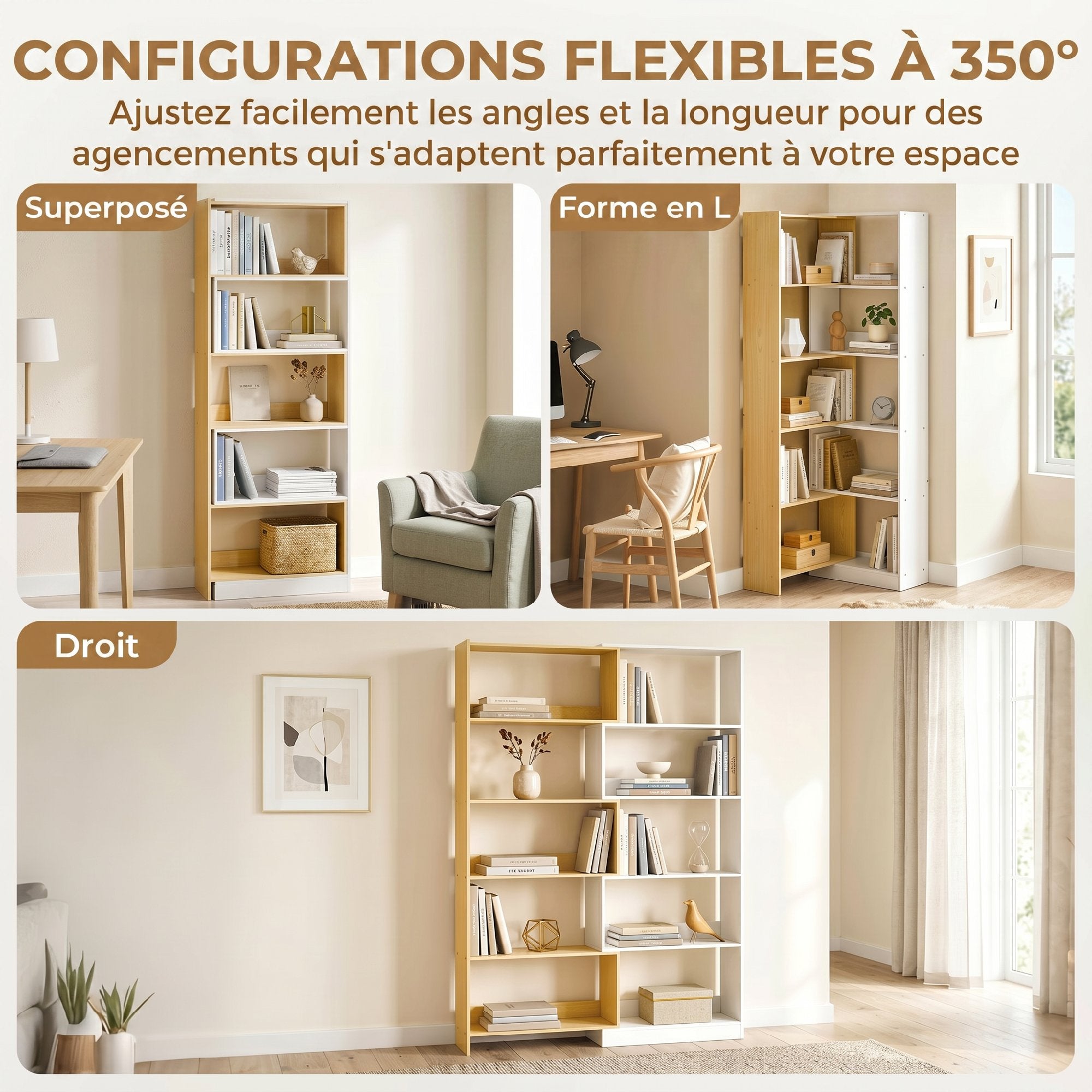 Bibliothèque d'angle rotative 350° à 5 niveaux, étagère de rangement extensible en forme L, 60-111x24x164cm, style moderne, meuble de rangement pour salon, bureau, petit espace, chêne et blanc