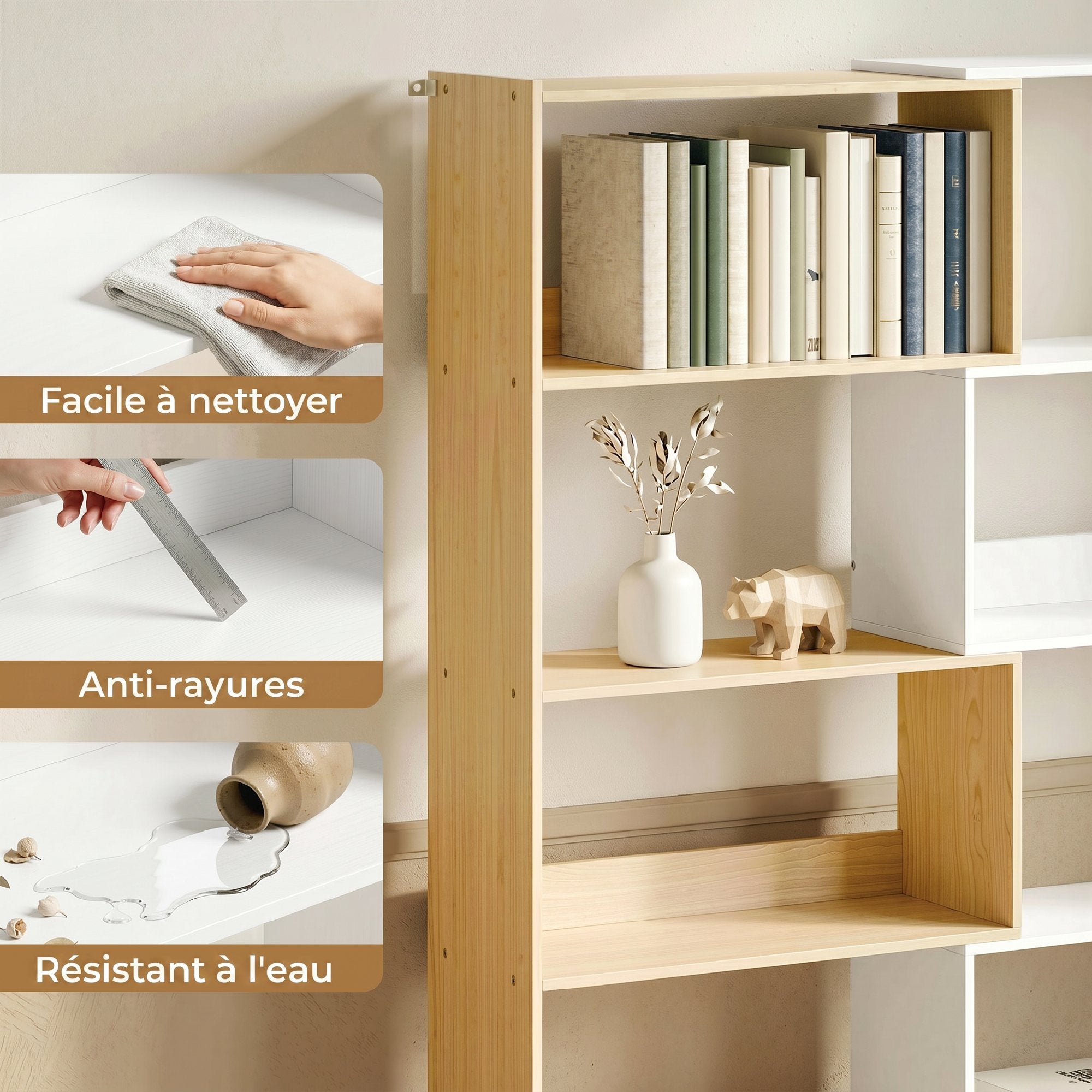 Bibliothèque d'angle rotative 350° à 5 niveaux, étagère de rangement extensible en forme L, 60-111x24x164cm, style moderne, meuble de rangement pour salon, bureau, petit espace, chêne et blanc