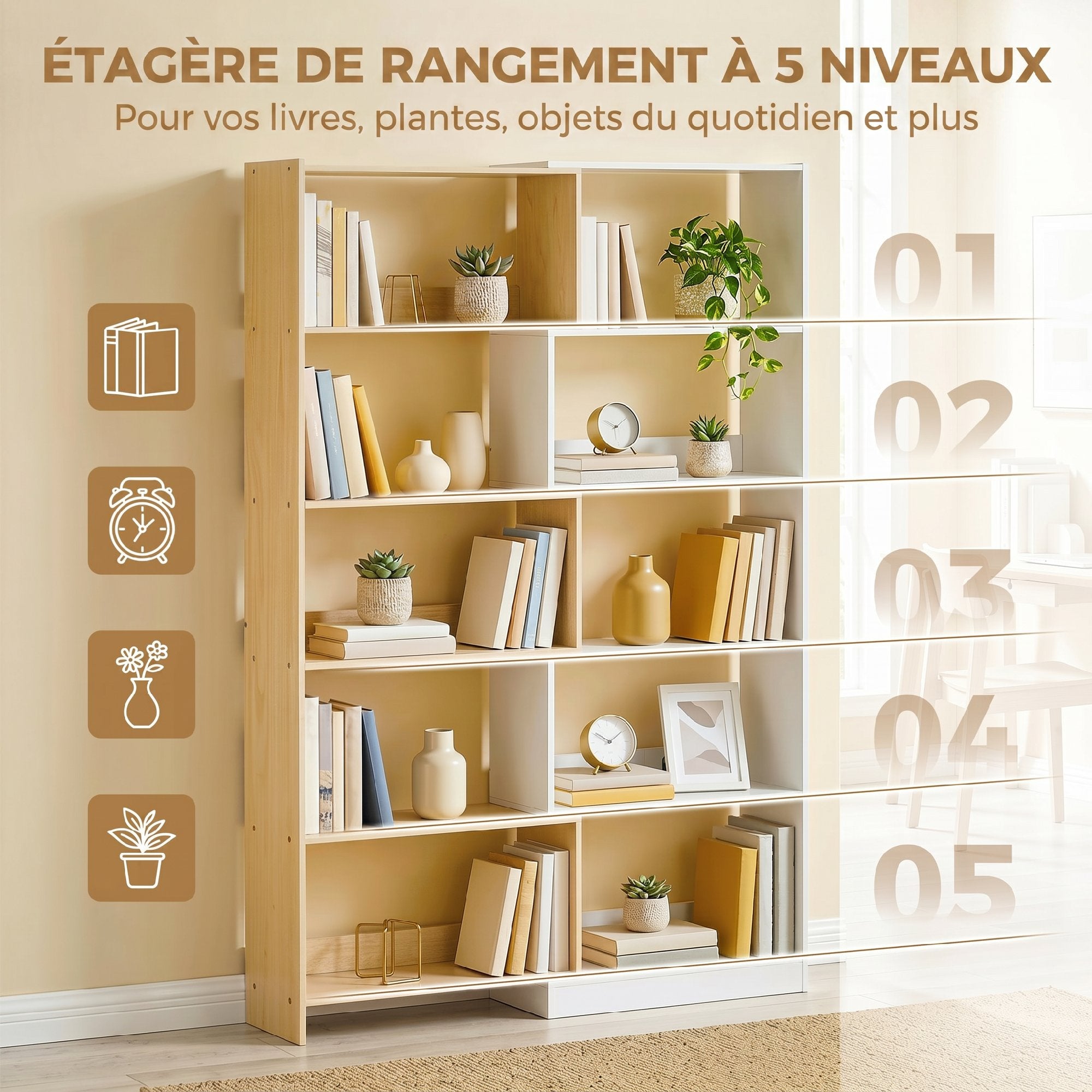 Bibliothèque d'angle rotative 350° à 5 niveaux, étagère de rangement extensible en forme L, 60-111x24x164cm, style moderne, meuble de rangement pour salon, bureau, petit espace, chêne et blanc