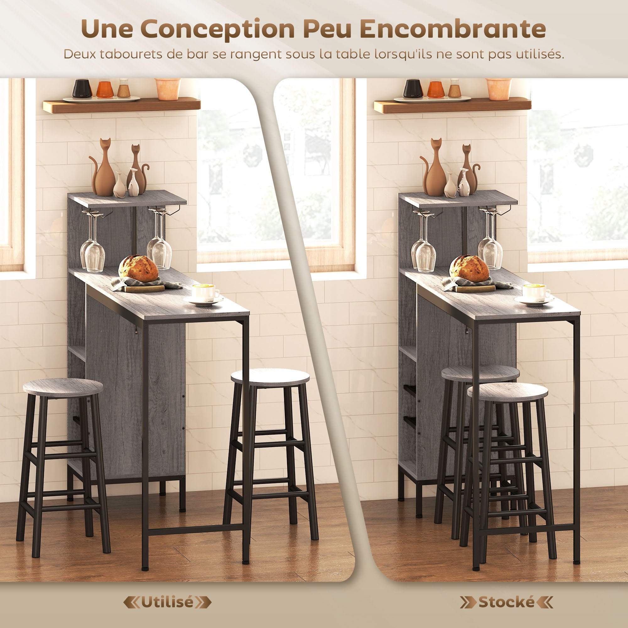 Ensemble table de bar avec tabourets, table à manger debout avec 2 chaises de bar rond avec repose-pieds, avec étagères de rangement, casiers à vin, porte-verres, effet bois naturel