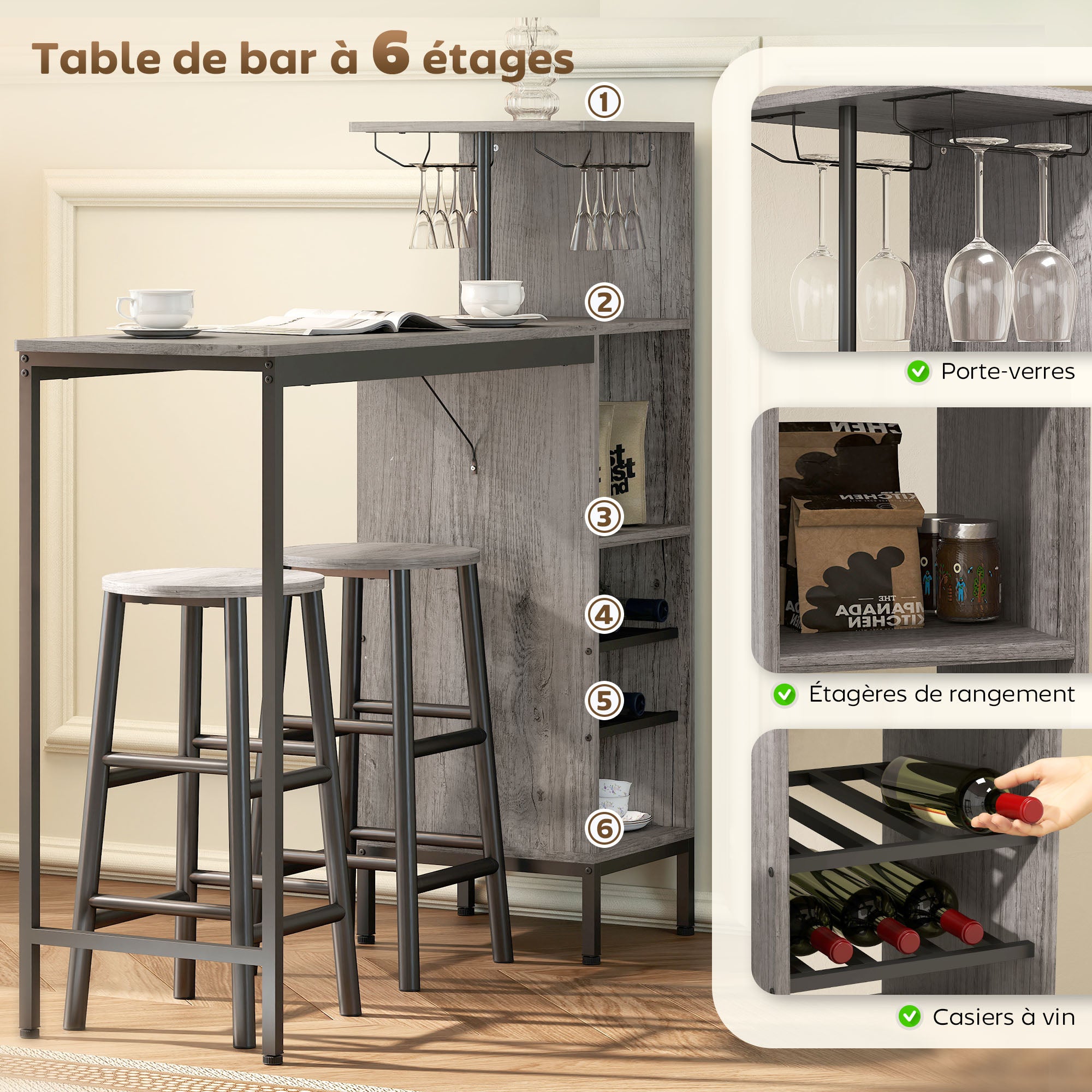 Ensemble table de bar avec tabourets, table à manger debout avec 2 chaises de bar rond avec repose-pieds, avec étagères de rangement, casiers à vin, porte-verres, effet bois naturel