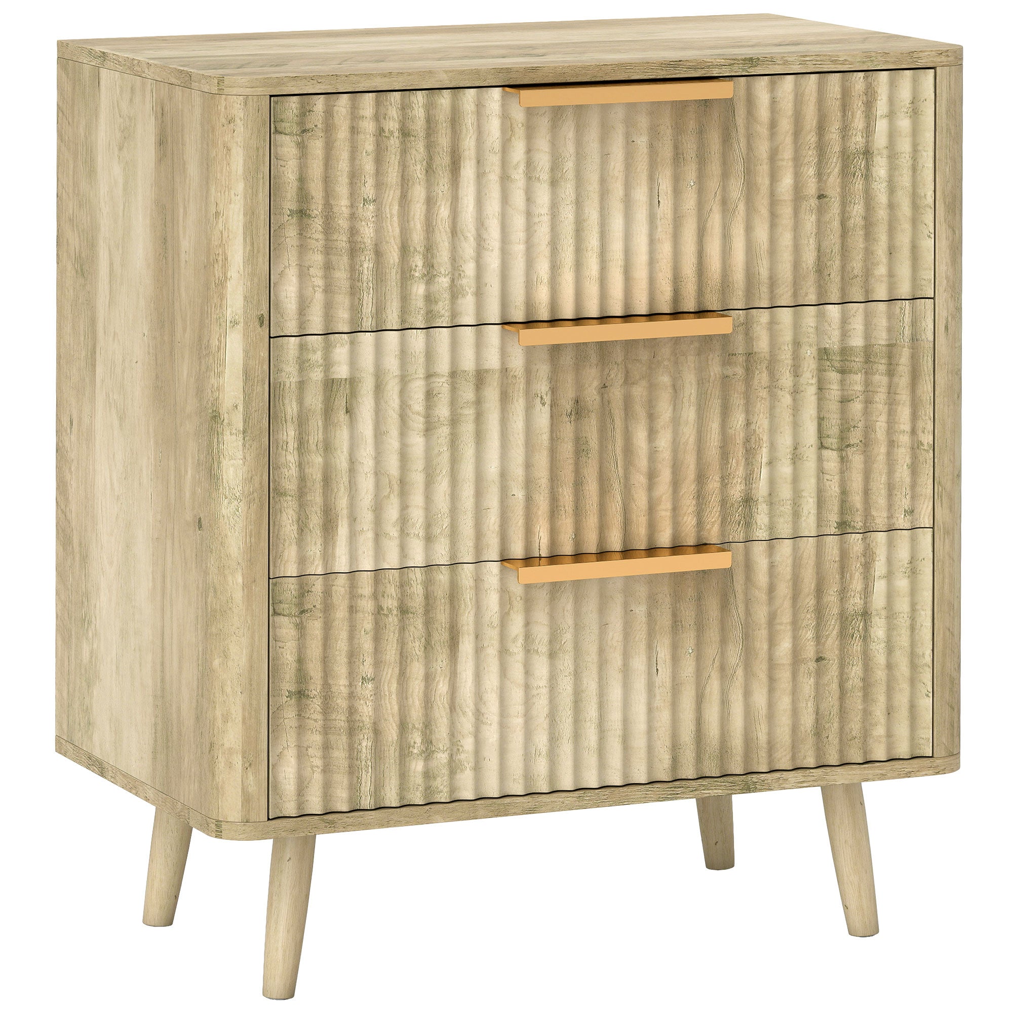 Commode 3 tiroirs meuble de rangement style scandinave avec poignées et pieds de pin, bois effet cannelé, commode chambre à coucher, salon, couloir - 68,3 x 40 x 76 cm, chêne