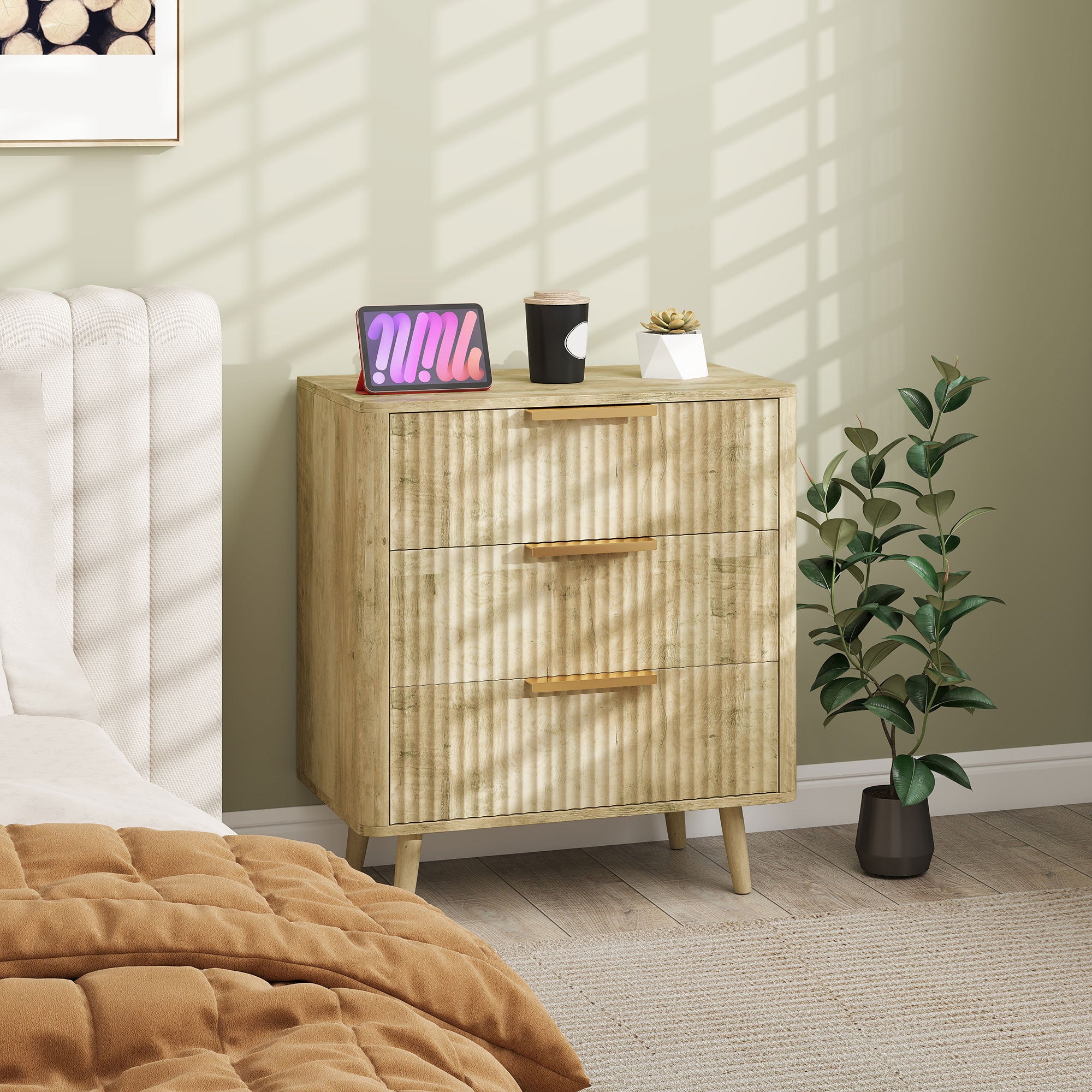 Commode 3 tiroirs meuble de rangement style scandinave avec poignées et pieds de pin, bois effet cannelé, commode chambre à coucher, salon, couloir - 68,3 x 40 x 76 cm, chêne