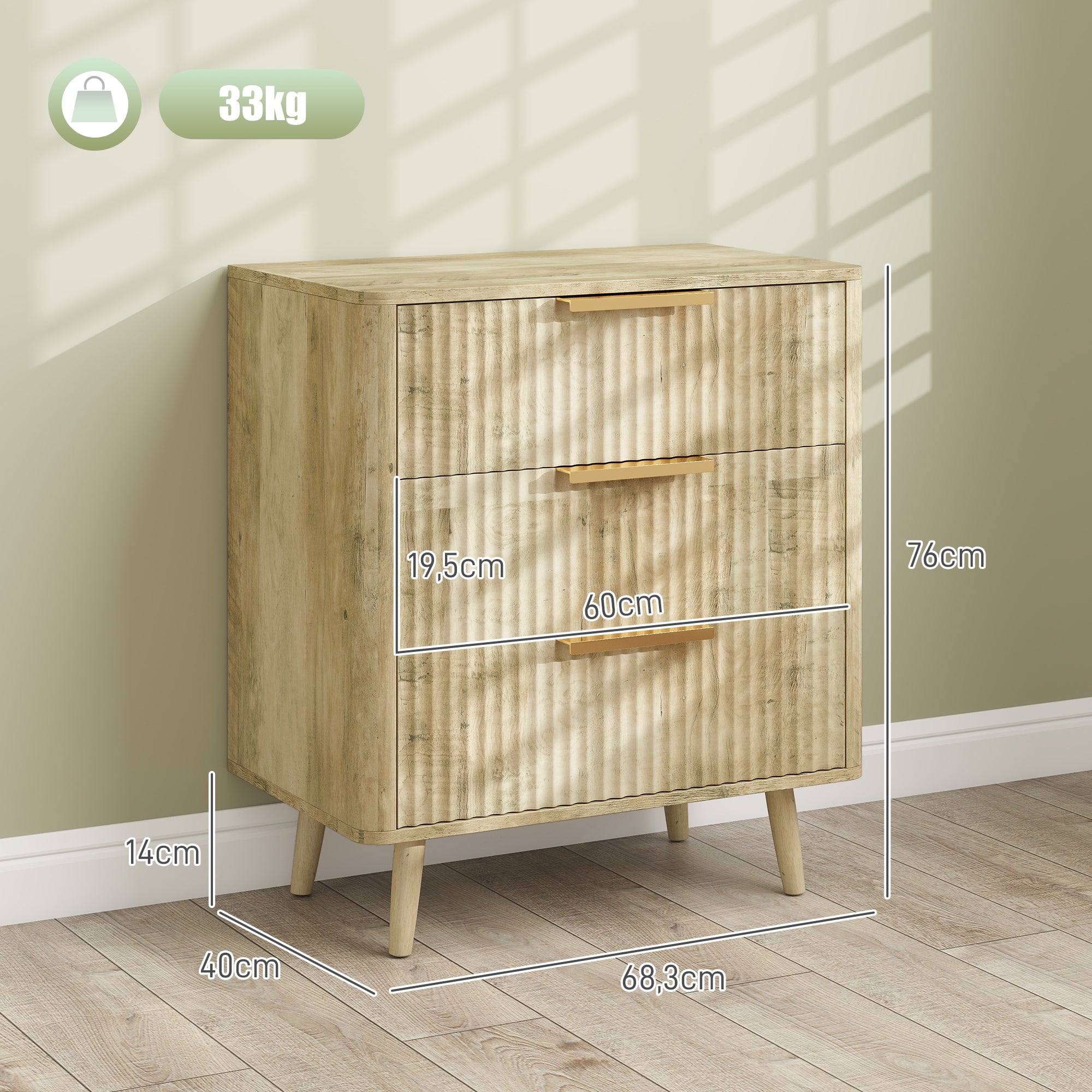 Commode 3 tiroirs meuble de rangement style scandinave avec poignées et pieds de pin, bois effet cannelé, commode chambre à coucher, salon, couloir - 68,3 x 40 x 76 cm, chêne