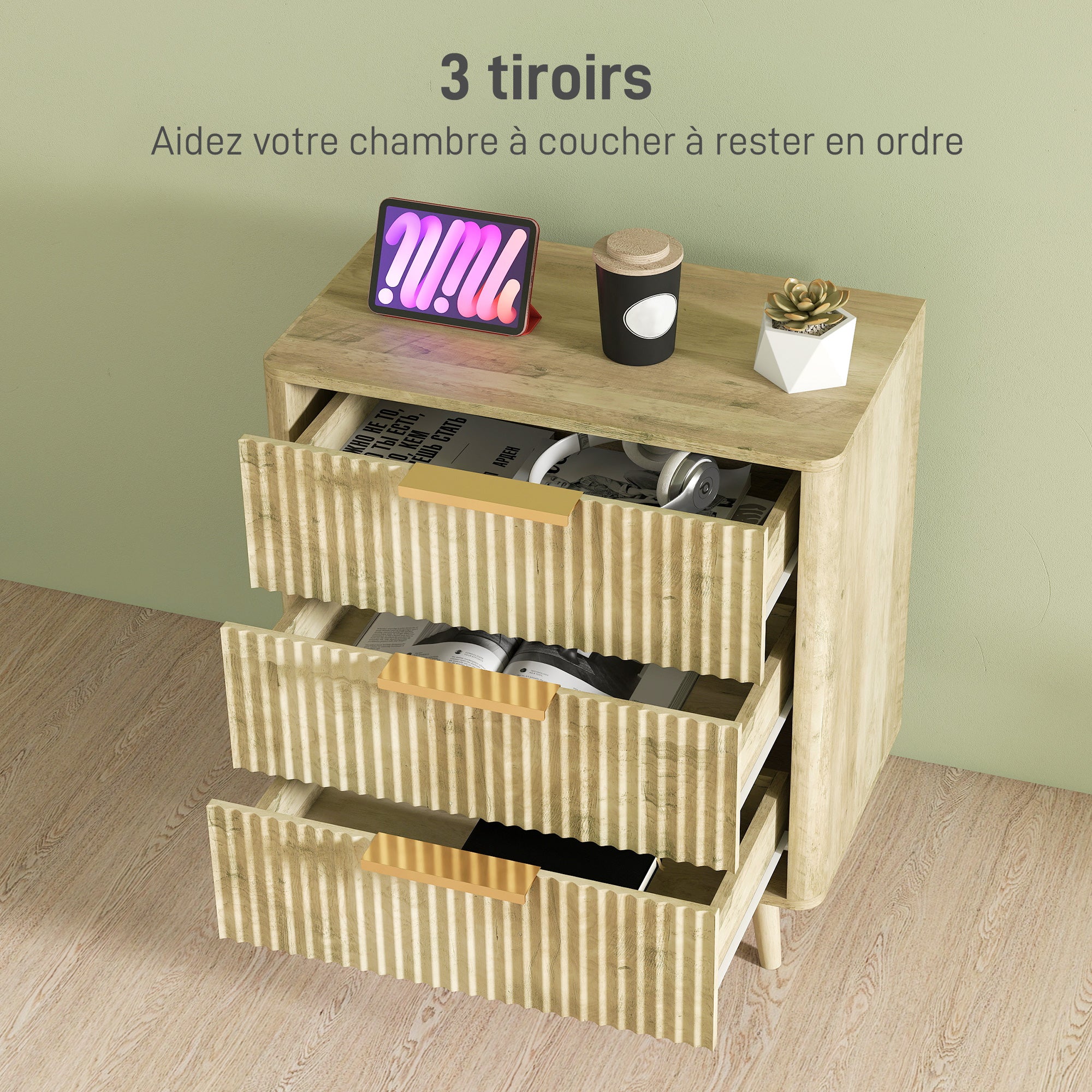 Commode 3 tiroirs meuble de rangement style scandinave avec poignées et pieds de pin, bois effet cannelé, commode chambre à coucher, salon, couloir - 68,3 x 40 x 76 cm, chêne