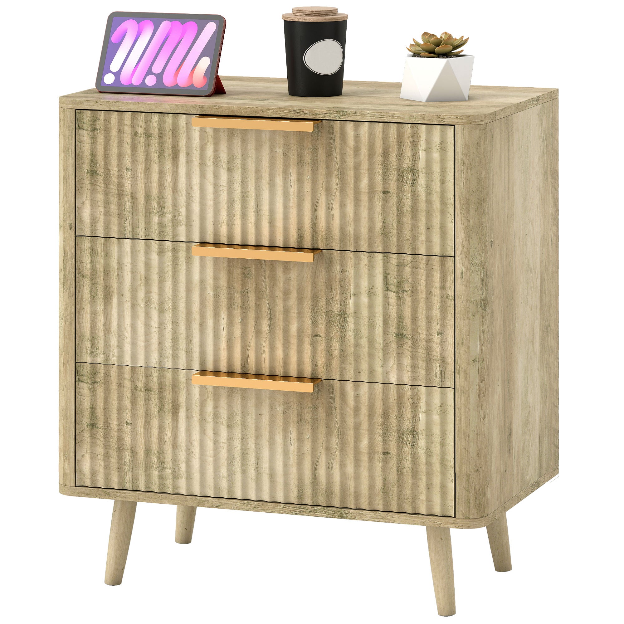 Commode 3 tiroirs meuble de rangement style scandinave avec poignées et pieds de pin, bois effet cannelé, commode chambre à coucher, salon, couloir - 68,3 x 40 x 76 cm, chêne