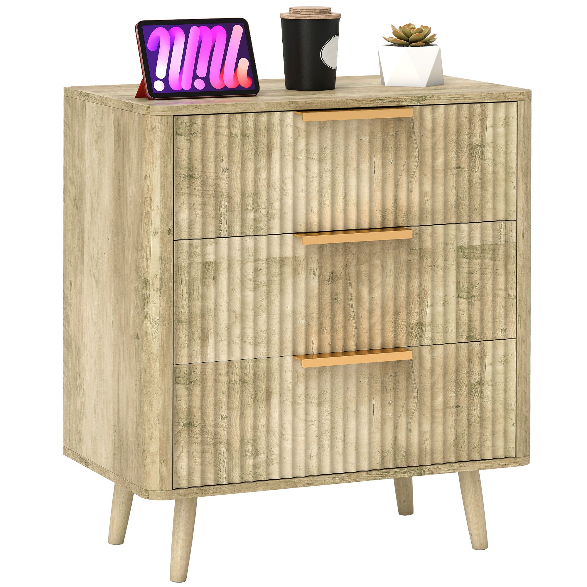 Commode 3 tiroirs meuble de rangement style scandinave avec poignées et pieds de pin, bois effet cannelé, commode chambre à coucher, salon, couloir - 68,3 x 40 x 76 cm, chêne