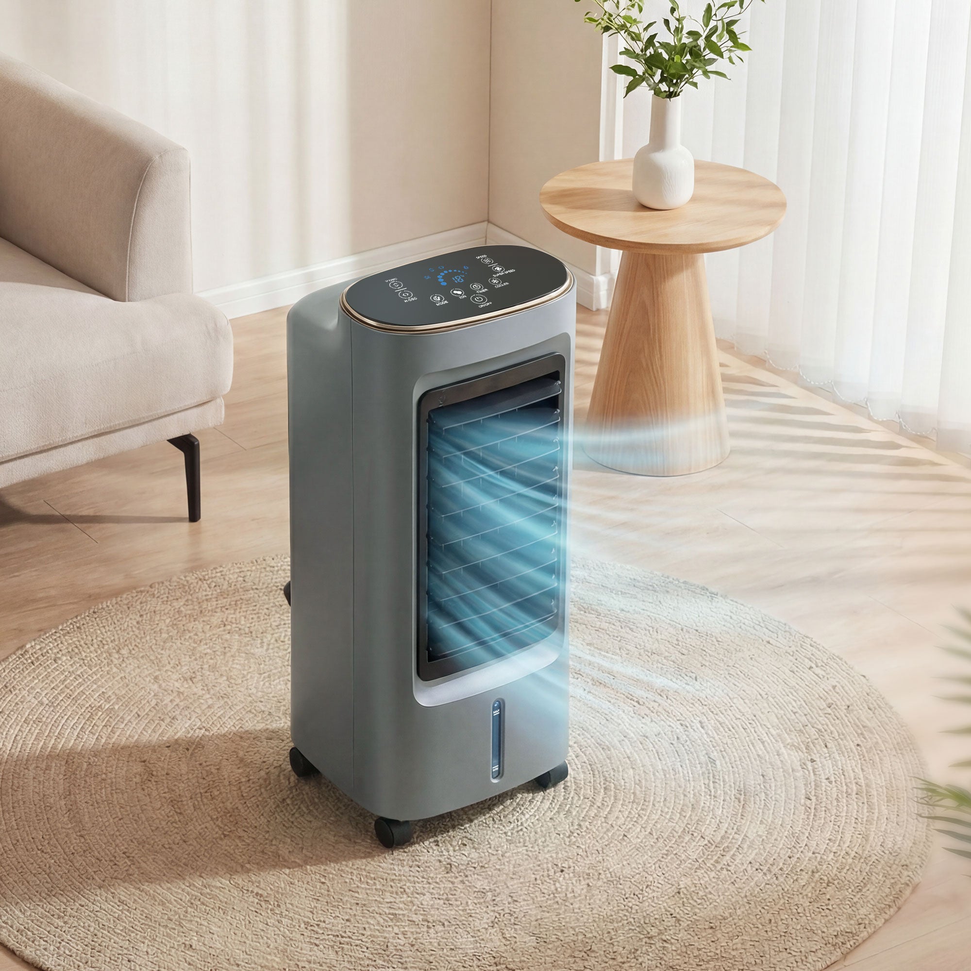 Refroidisseur d'air mobile 4 en 1 humidificateur, purificateur et ventilateur, oscillation 90°, 4 vitesses, 3 modes, réservoir d'eau 6L, packs de glace, télécommande, pour chambre bureau, gris