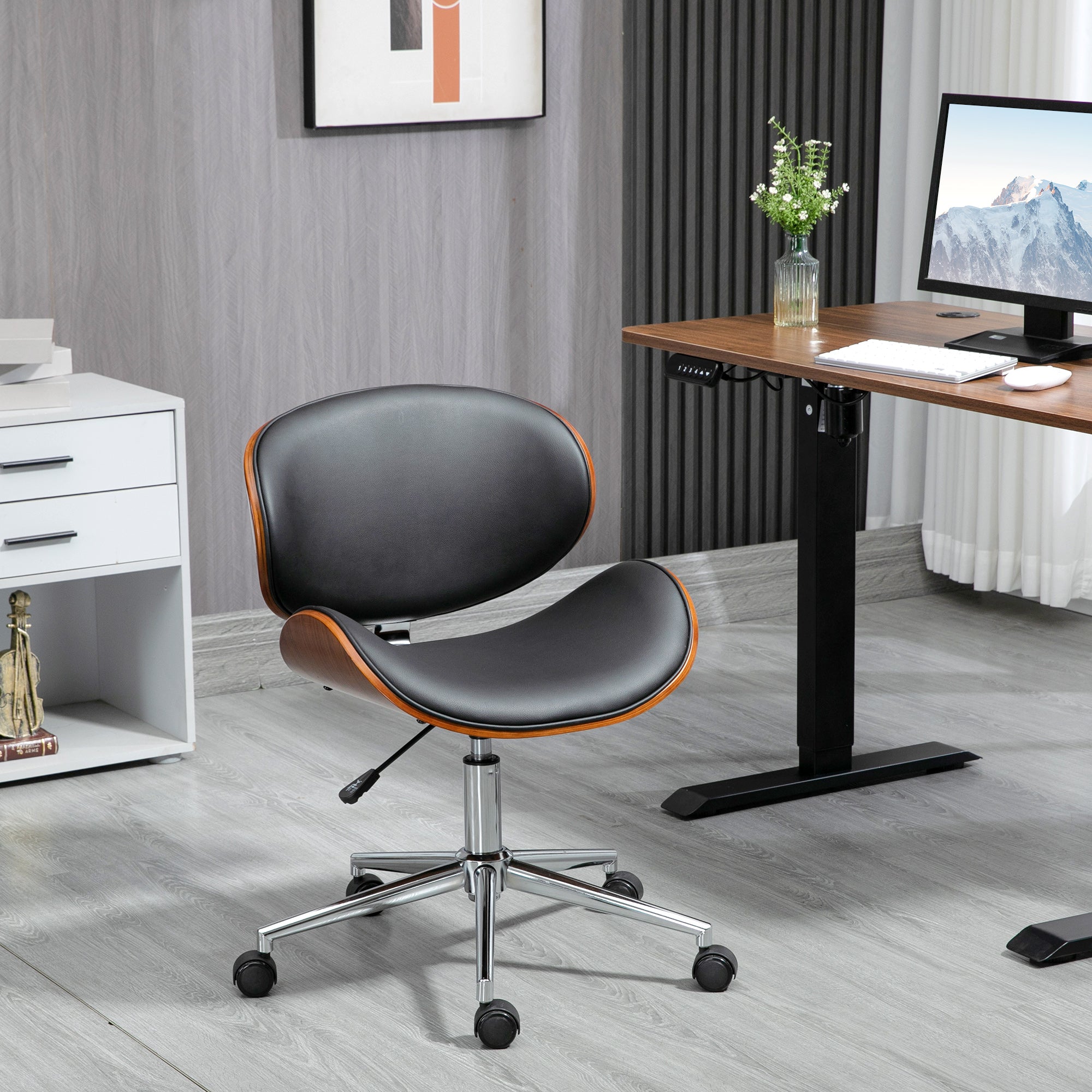 Chaise de bureau design vintage hauteur réglable siège pivotant 360° piètement chromé Bois peuplier revêtement synthétique 53L x 53P x 77-87H cm noir