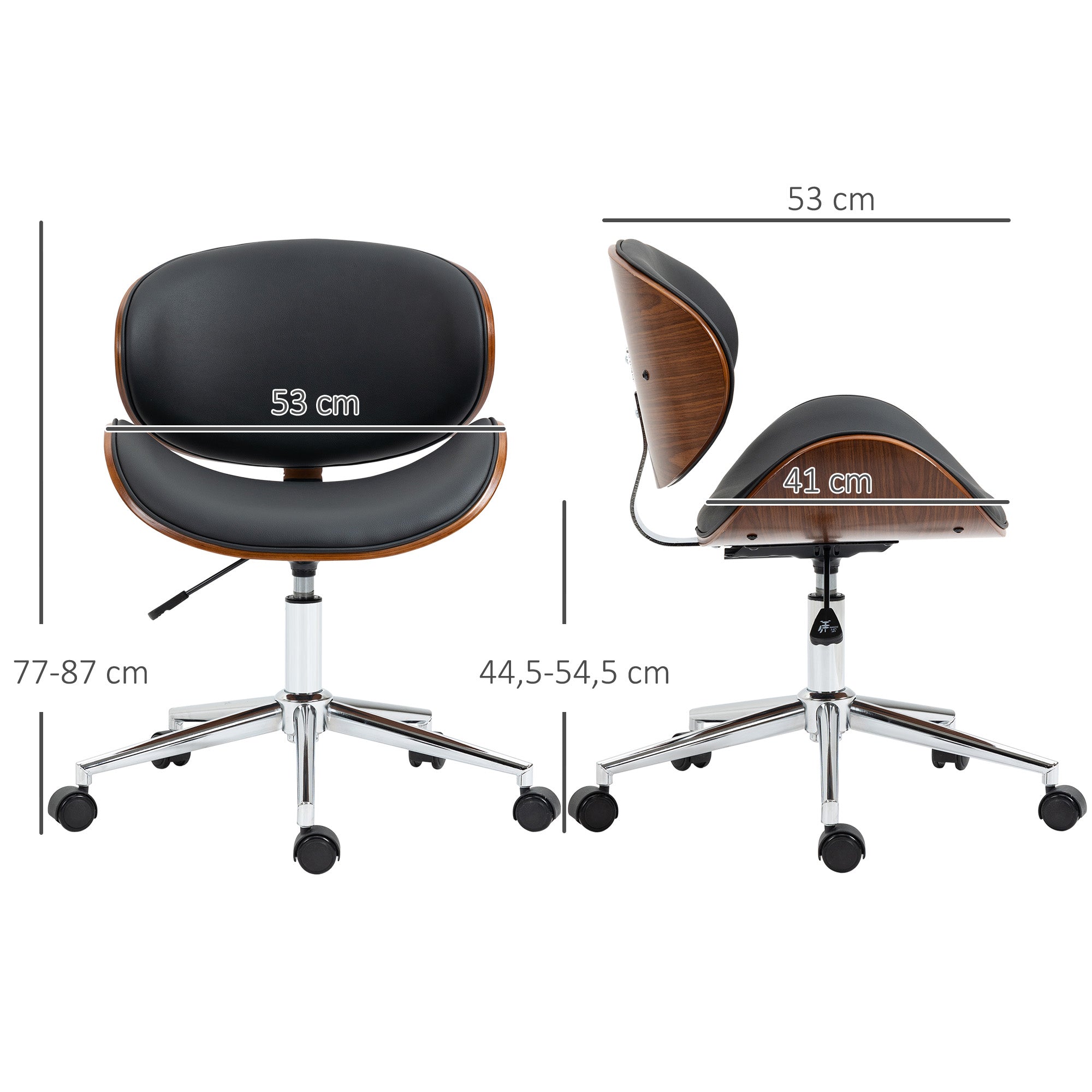 Chaise de bureau design vintage hauteur réglable siège pivotant 360° piètement chromé Bois peuplier revêtement synthétique 53L x 53P x 77-87H cm noir