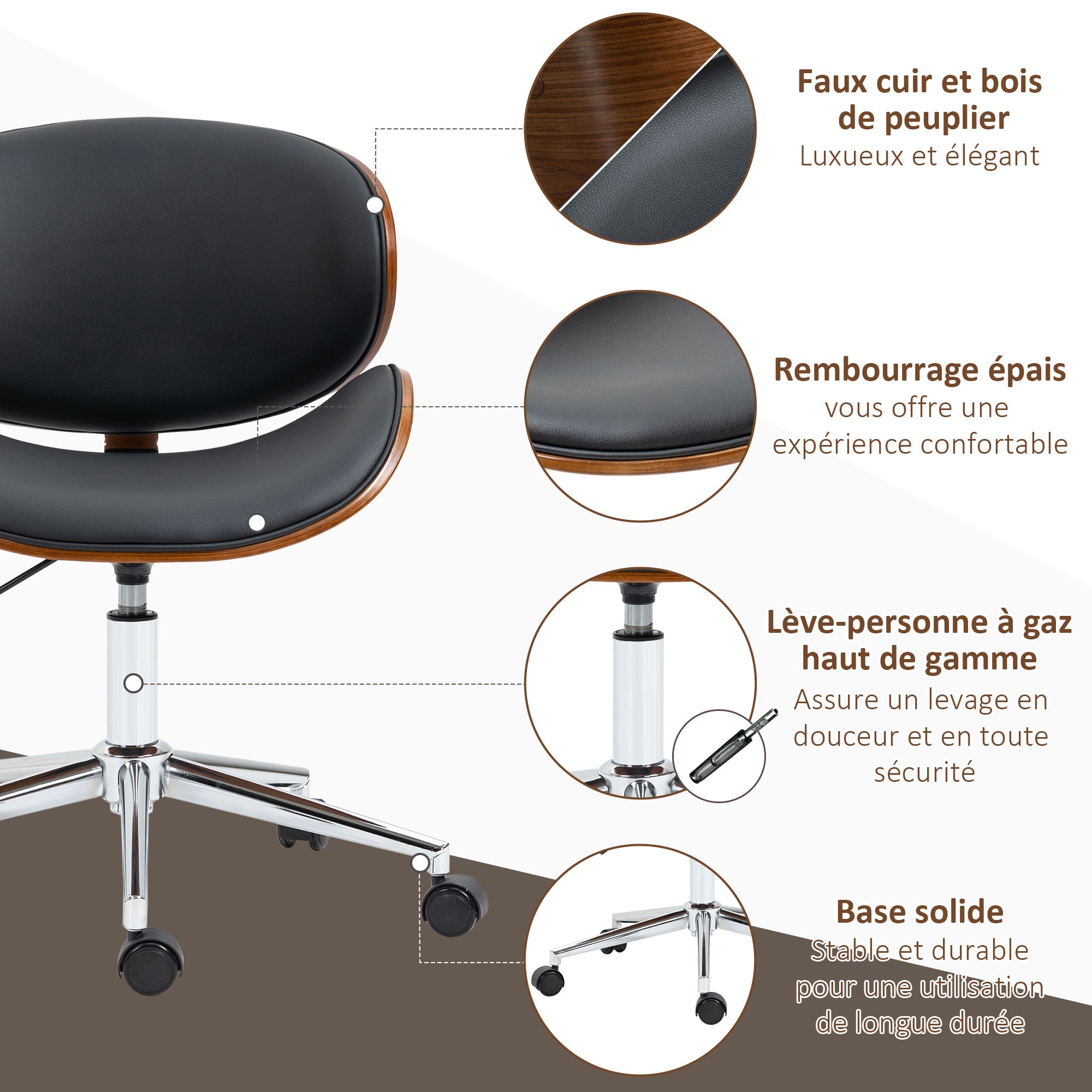 Chaise de bureau design vintage hauteur réglable siège pivotant 360° piètement chromé Bois peuplier revêtement synthétique 53L x 53P x 77-87H cm noir