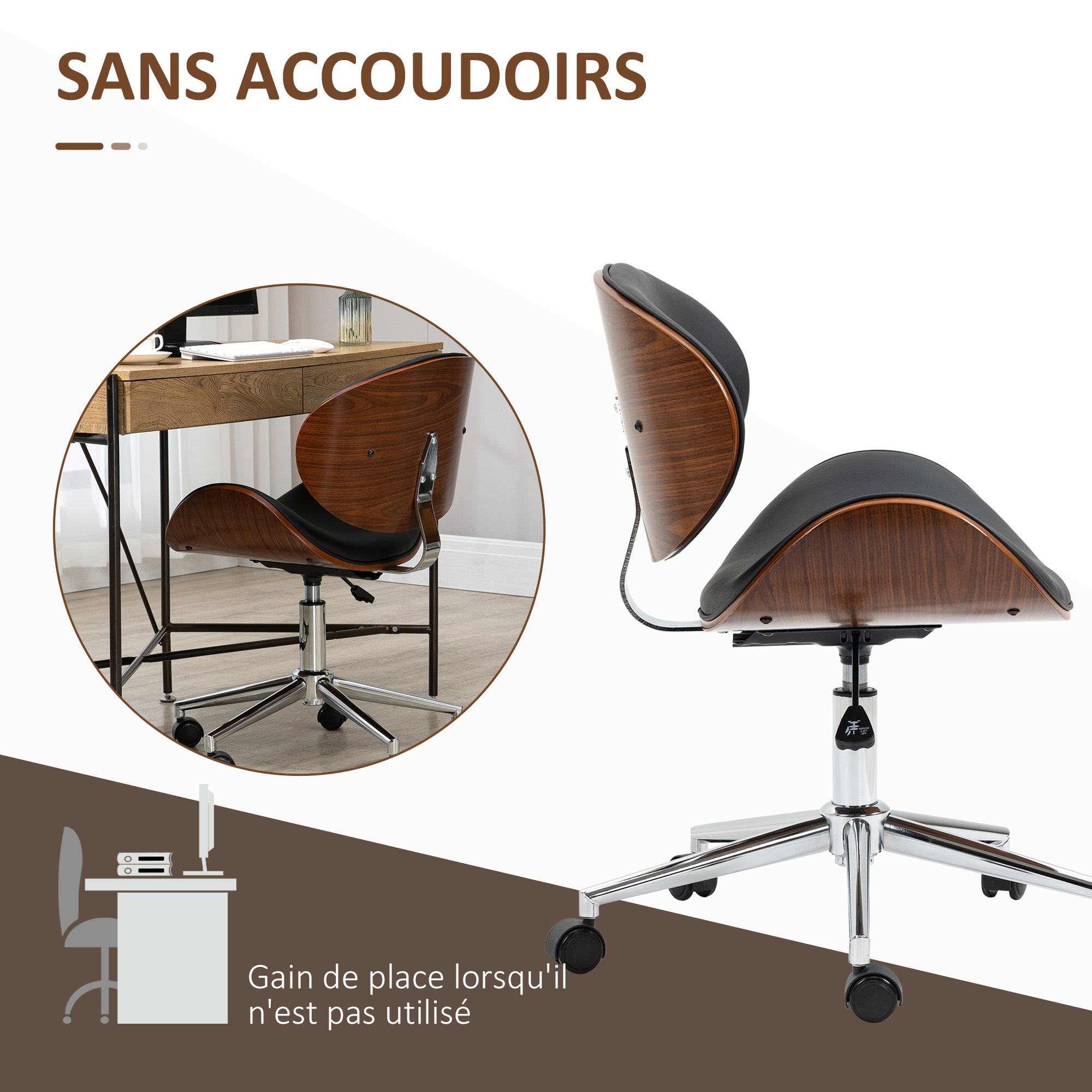 Chaise de bureau design vintage hauteur réglable siège pivotant 360° piètement chromé Bois peuplier revêtement synthétique 53L x 53P x 77-87H cm noir