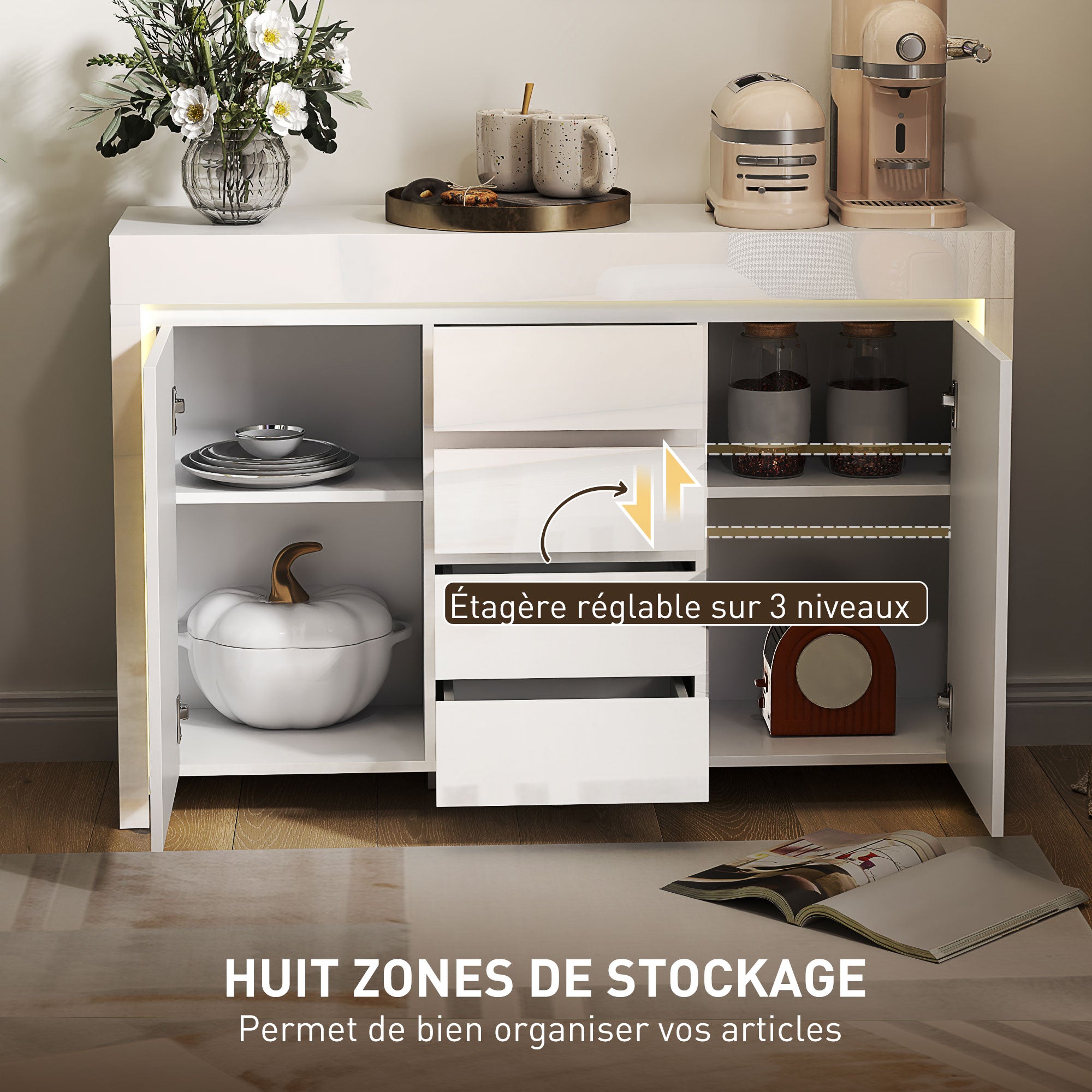 Buffet salon, meuble de rangement avec éclairage LED 4 tiroirs portes à fermeture douce et étagères réglables, style moderne, buffet salle à manger et cuisine, 120 x 34 x 80 cm, blanc brillant