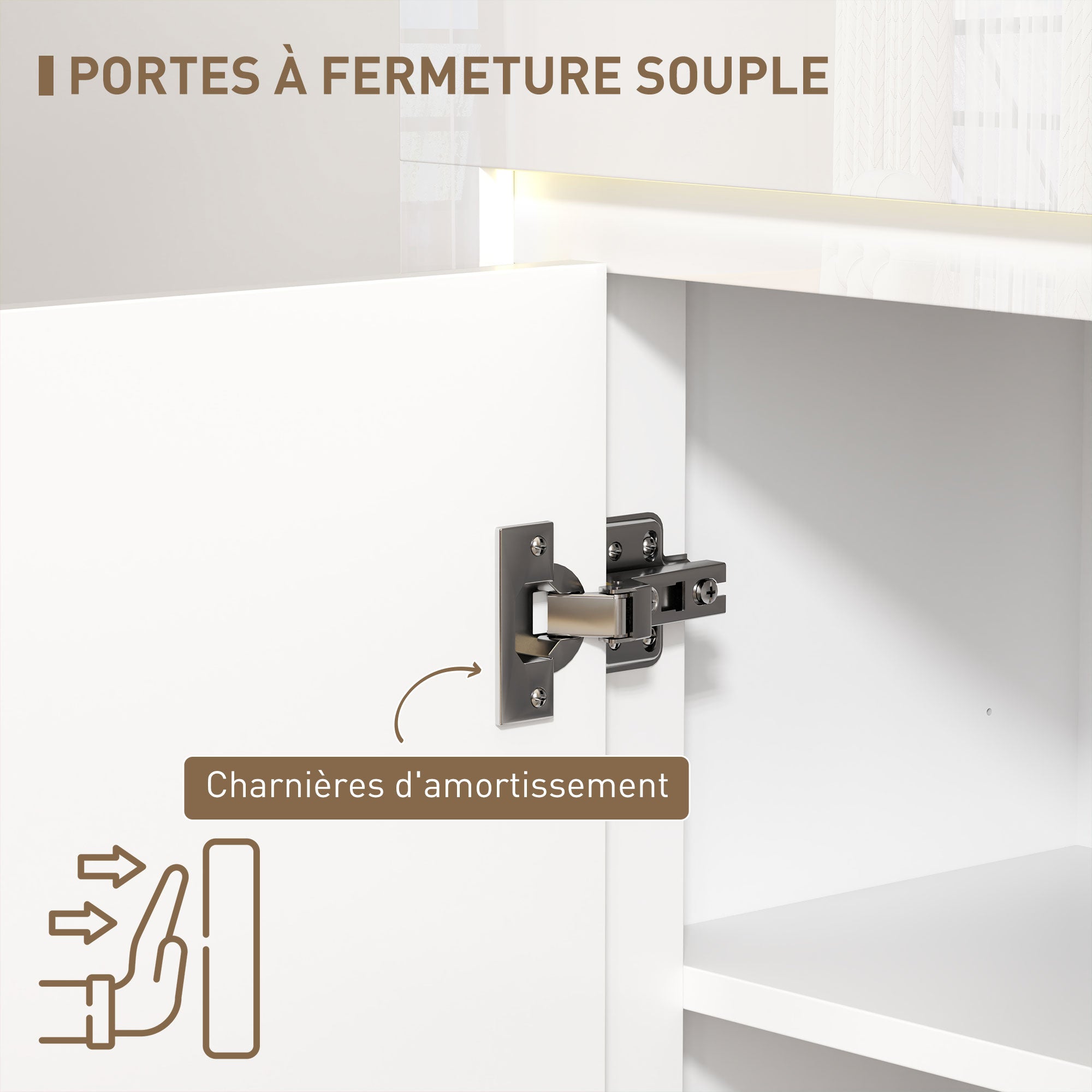 Buffet salon, meuble de rangement avec éclairage LED 4 tiroirs portes à fermeture douce et étagères réglables, style moderne, buffet salle à manger et cuisine, 120 x 34 x 80 cm, blanc brillant
