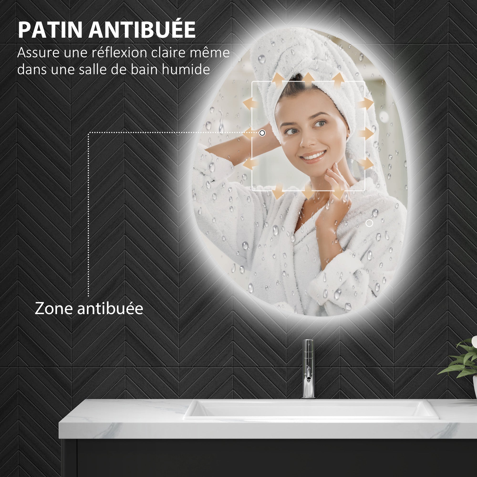 Miroir salle de bain 70 x 50 cm, miroir mural asymétrique, miroir salle de bain avec éclairage LED - interrupteur tactile, lumière réglable 3 couleurs, anti-buée, mémoire - argent