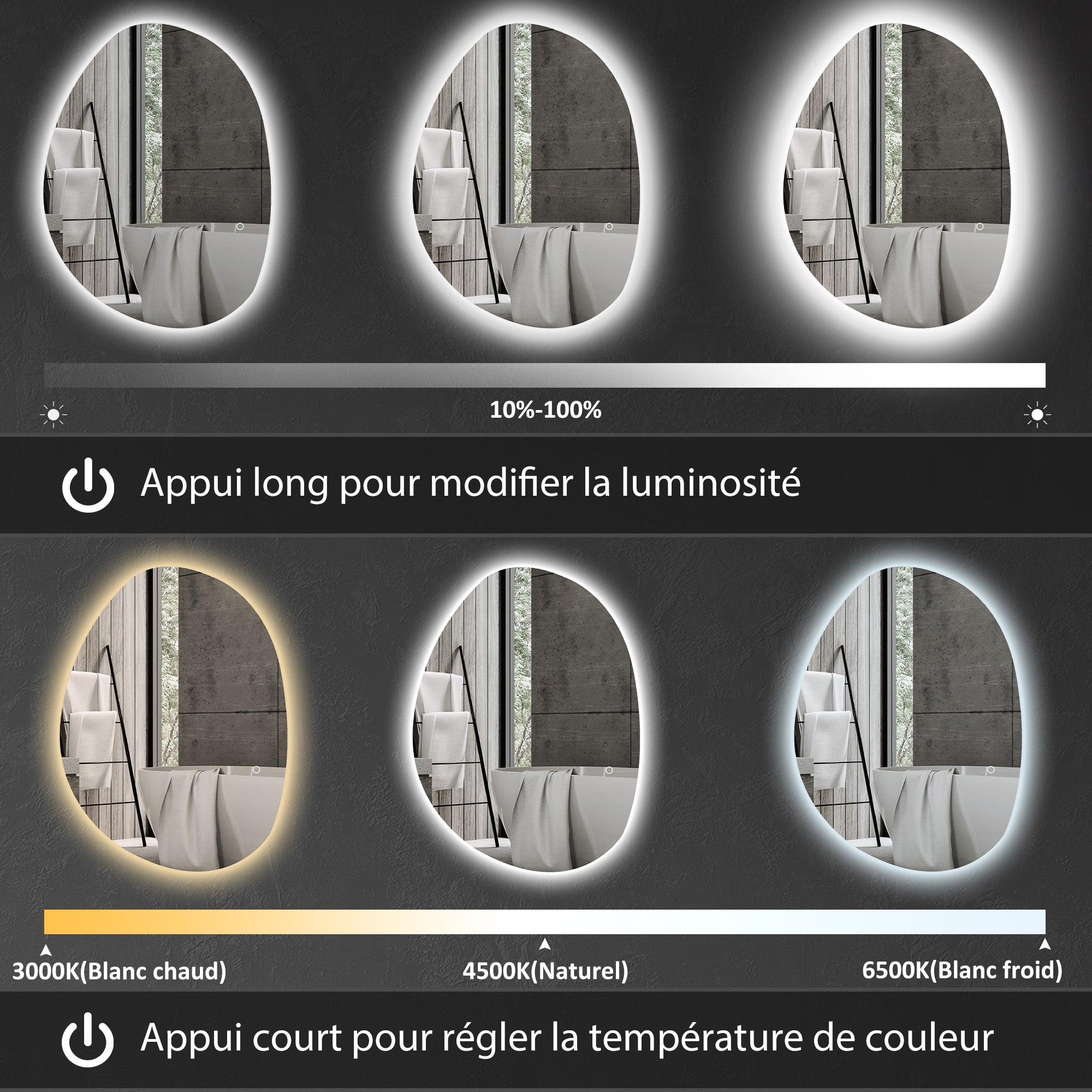 Miroir salle de bain 70 x 50 cm, miroir mural asymétrique, miroir salle de bain avec éclairage LED - interrupteur tactile, lumière réglable 3 couleurs, anti-buée, mémoire - argent