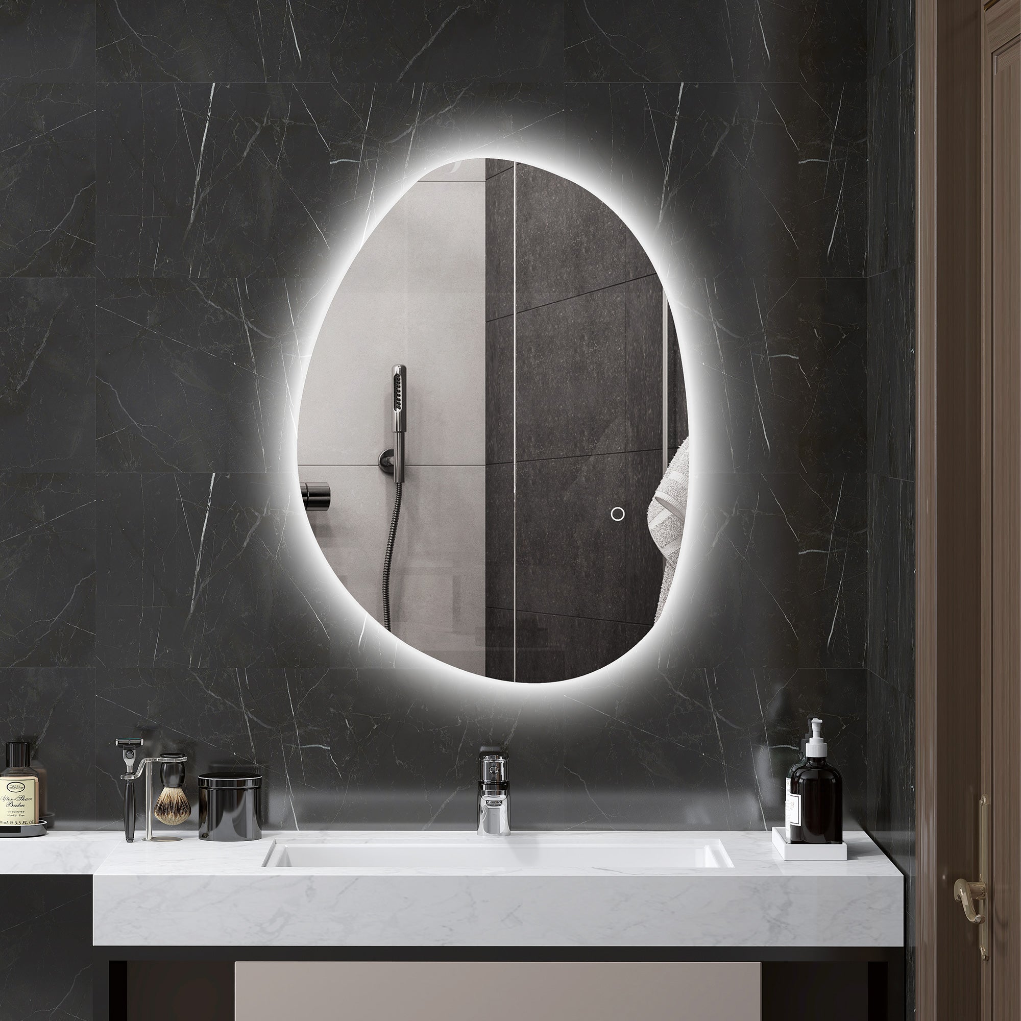 Miroir salle de bain 70 x 50 cm, miroir mural asymétrique, miroir salle de bain avec éclairage LED - interrupteur tactile, lumière réglable 3 couleurs, anti-buée, mémoire - argent